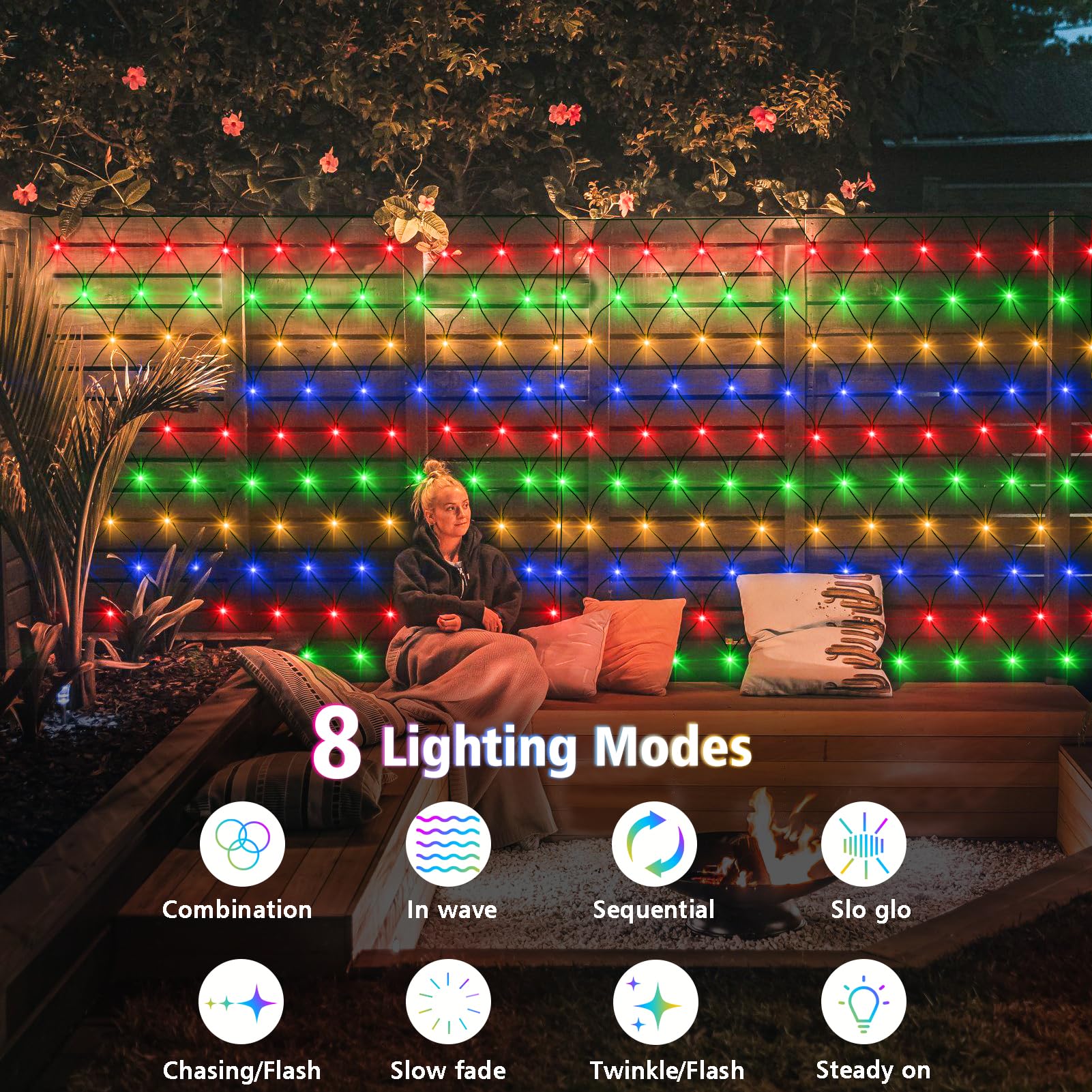 echosari Solar Powered Net Lights, 200 LED, 9.8Ft x 6.6Ft, Dark Green Wire, 8 Modes, Multicolor