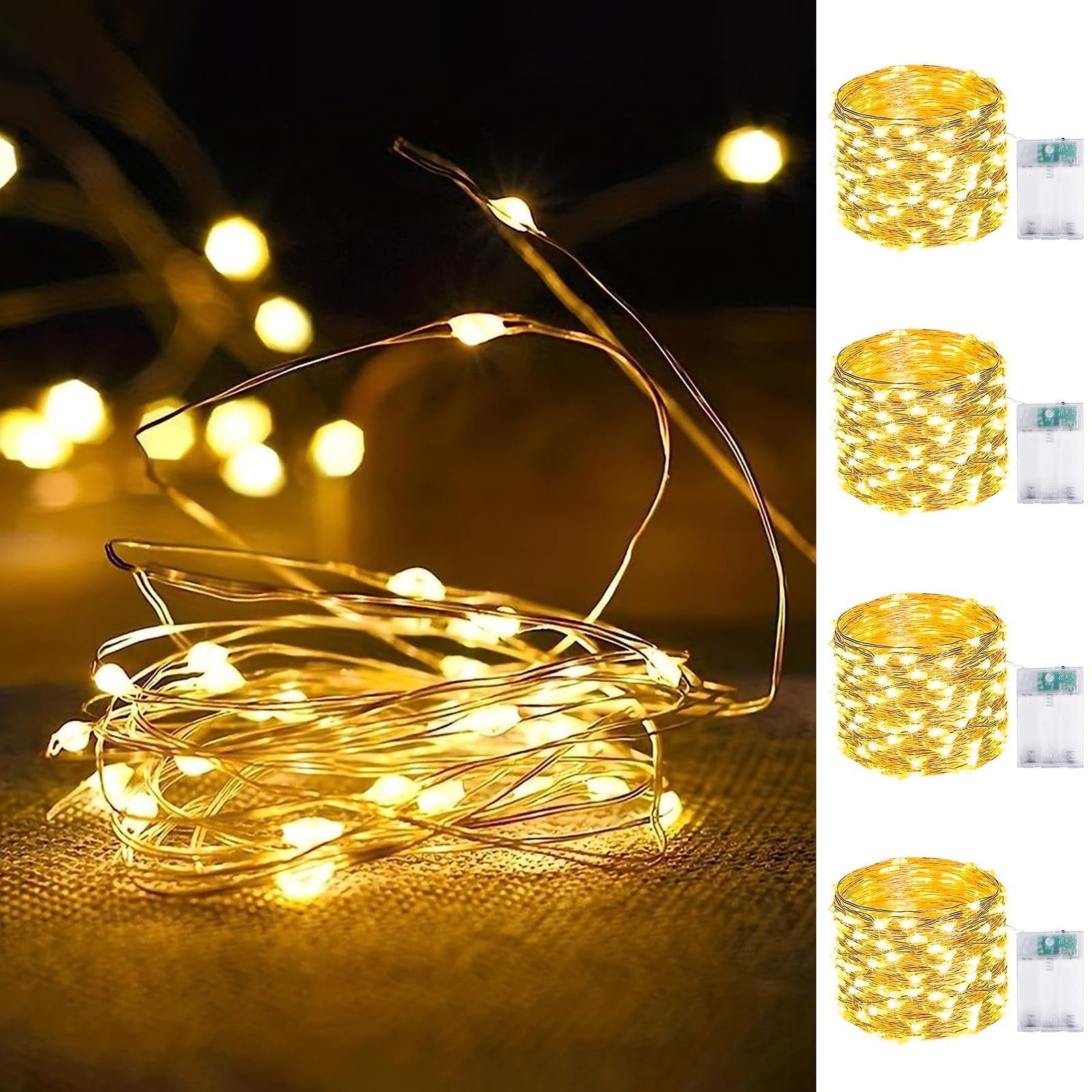 EXF 4-Pack Battery Operated Fairy Lights, Waterproof 16FT, 50 LED, Warm White, Copper, Model YHY-BO50LED