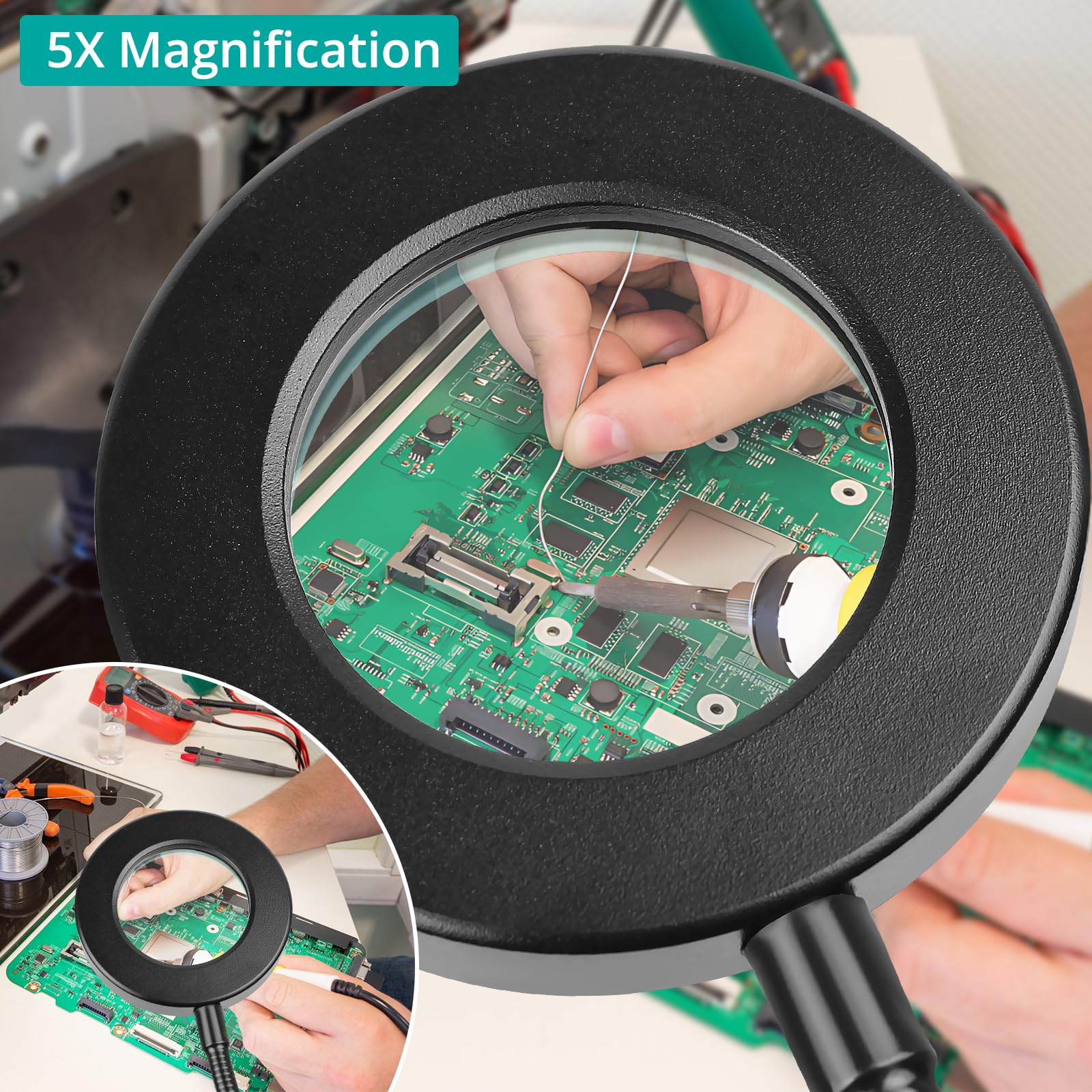 Desk Clip On Lamp With 5X Magnifying Glass, 10 Dimmable Brightness, 3 Modes, 5V 2A Adapter, Clamp Light For Reading, Craft, Pain