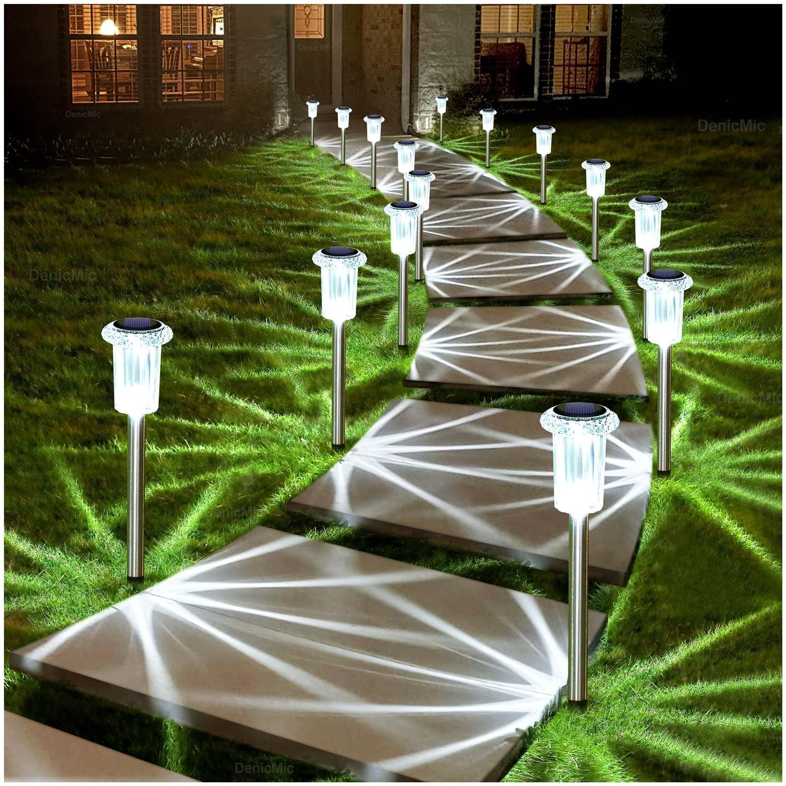 DenicMic Solar Lights Outdoor Pathway Lights 6000K LED Waterproof Acrylic Lamp Head Stainless Steel Stake for Yard Garden Landsc