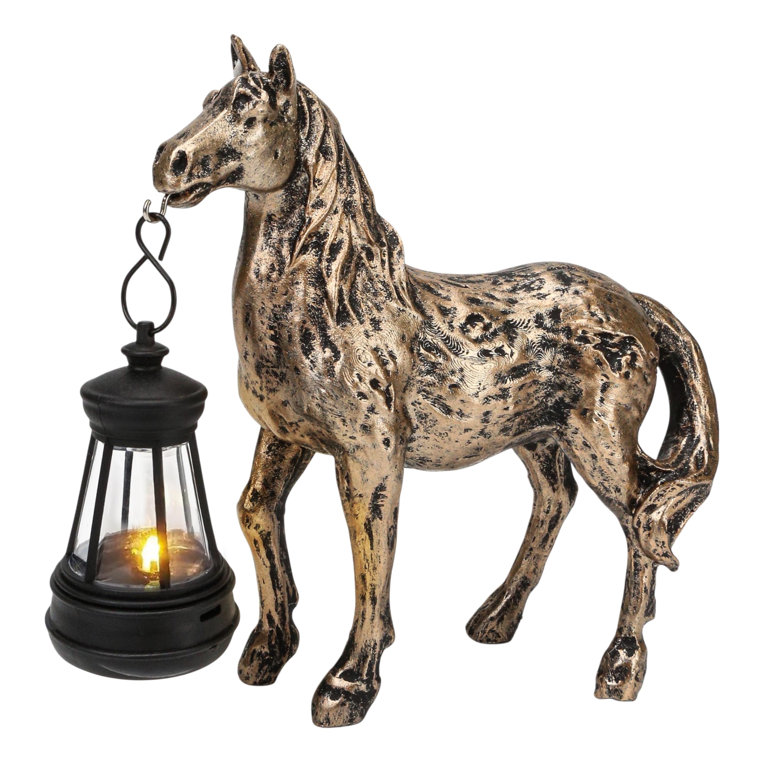 Horse Garden Statue with Lantern 7.5x6.8 inch  Solar Lighted Outdoor Figurine Sculpture for Yard Lawn Patio Farmhouse  Whimsical Home Decor  Gift for Housewarming Birthday Christmas (Bronze Color)
