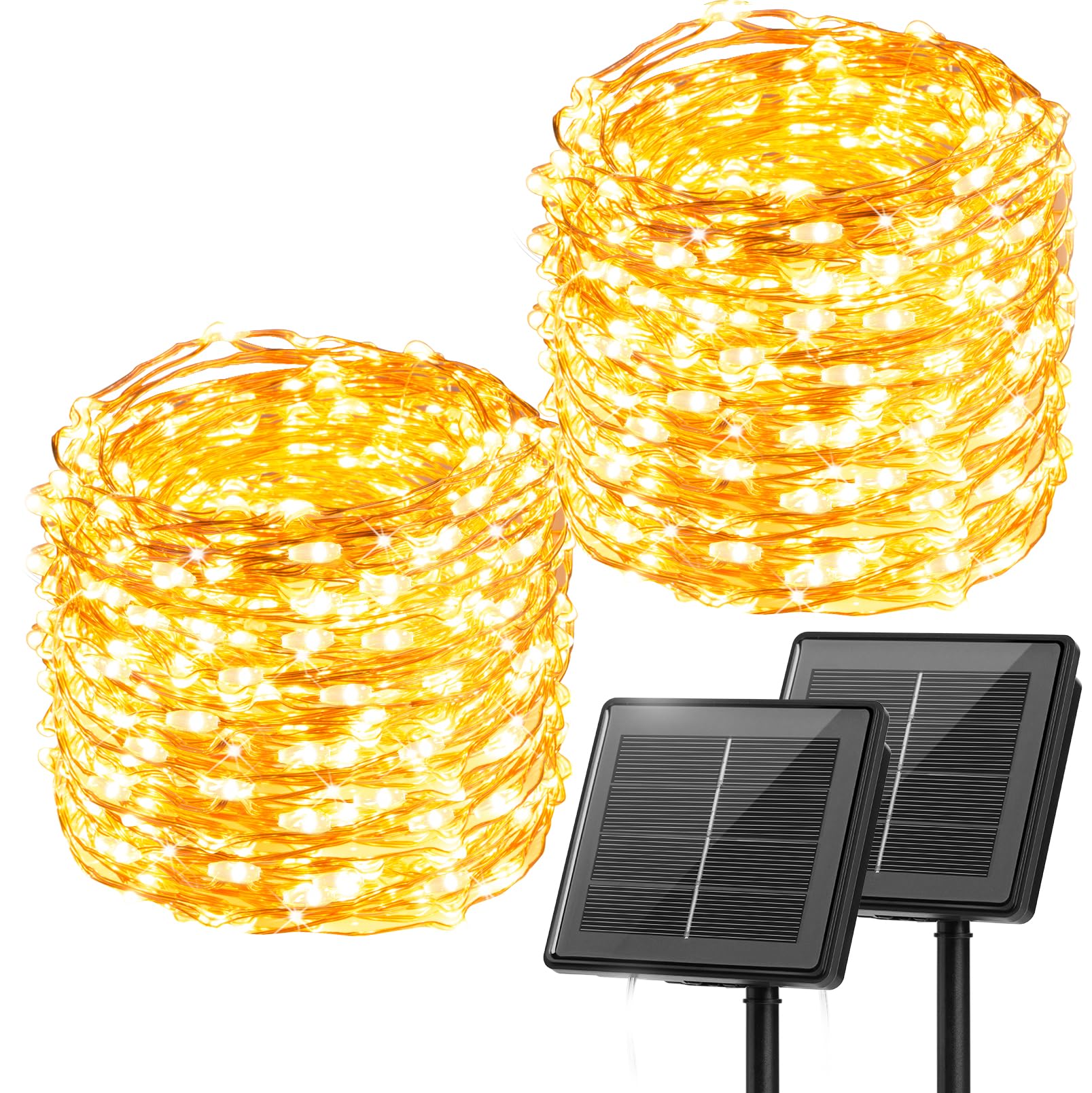 Minetom Solar String Lights, 2 Packs Total 66Ft 200 LED Solar Fairy Lights, Waterproof Solar Lights for Outside Patio Yard Tree Wedding Christmas, Warm White