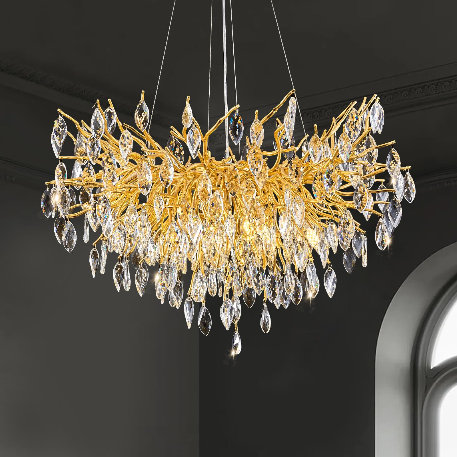 EWIMXSVC Modern Crystal Chandelier  D24 Gold Tree Branch Chandelier for Living Room Foyer Bedroom 8 Lights Round Chandeliers for Dining Room Raindrop Kitchen Chandeliers Over Table