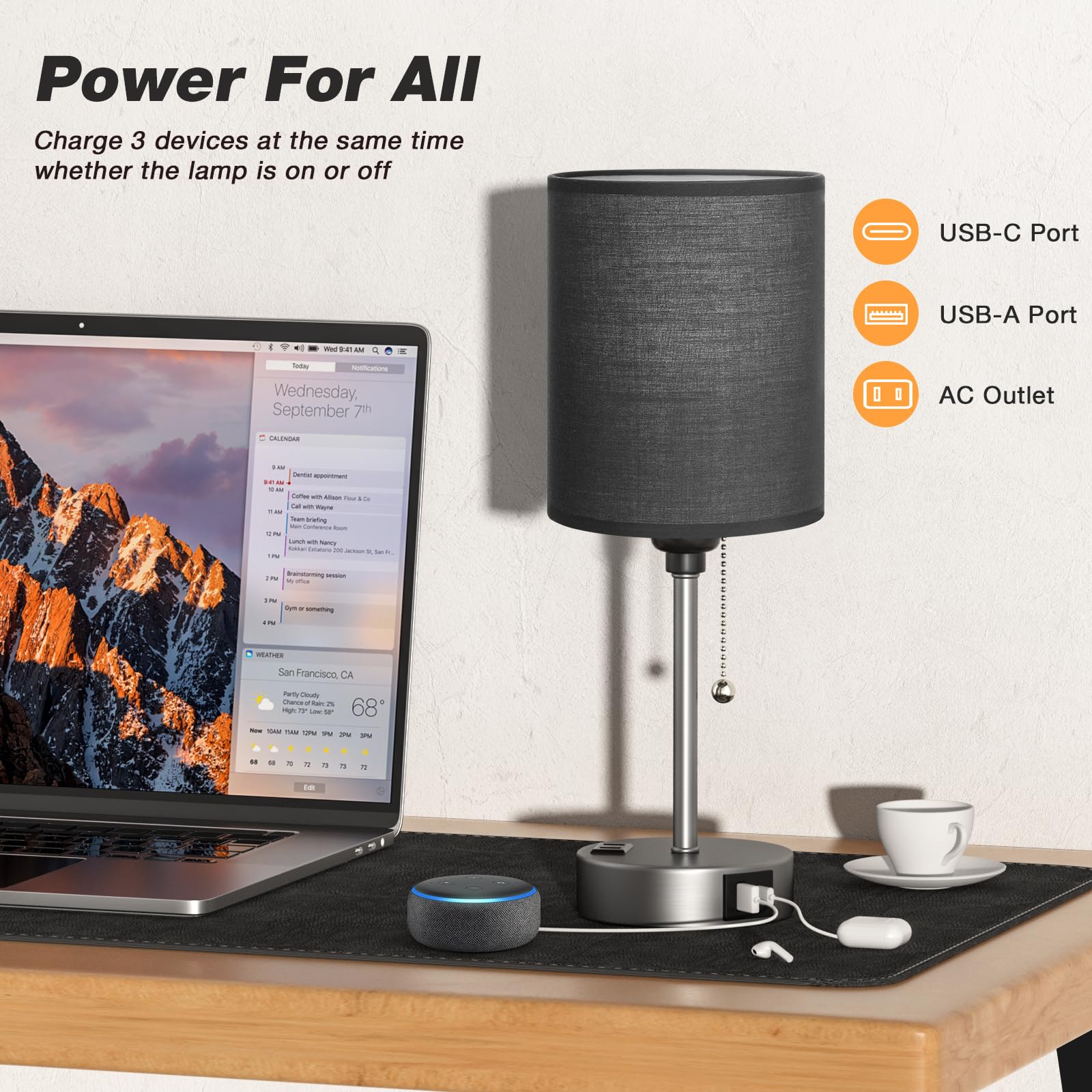 Dicoool Black Table Lamp - 3 Color Temperature, USB C/A Ports, 14.6in, Fabric, Silver Metal Base, Model 15-8