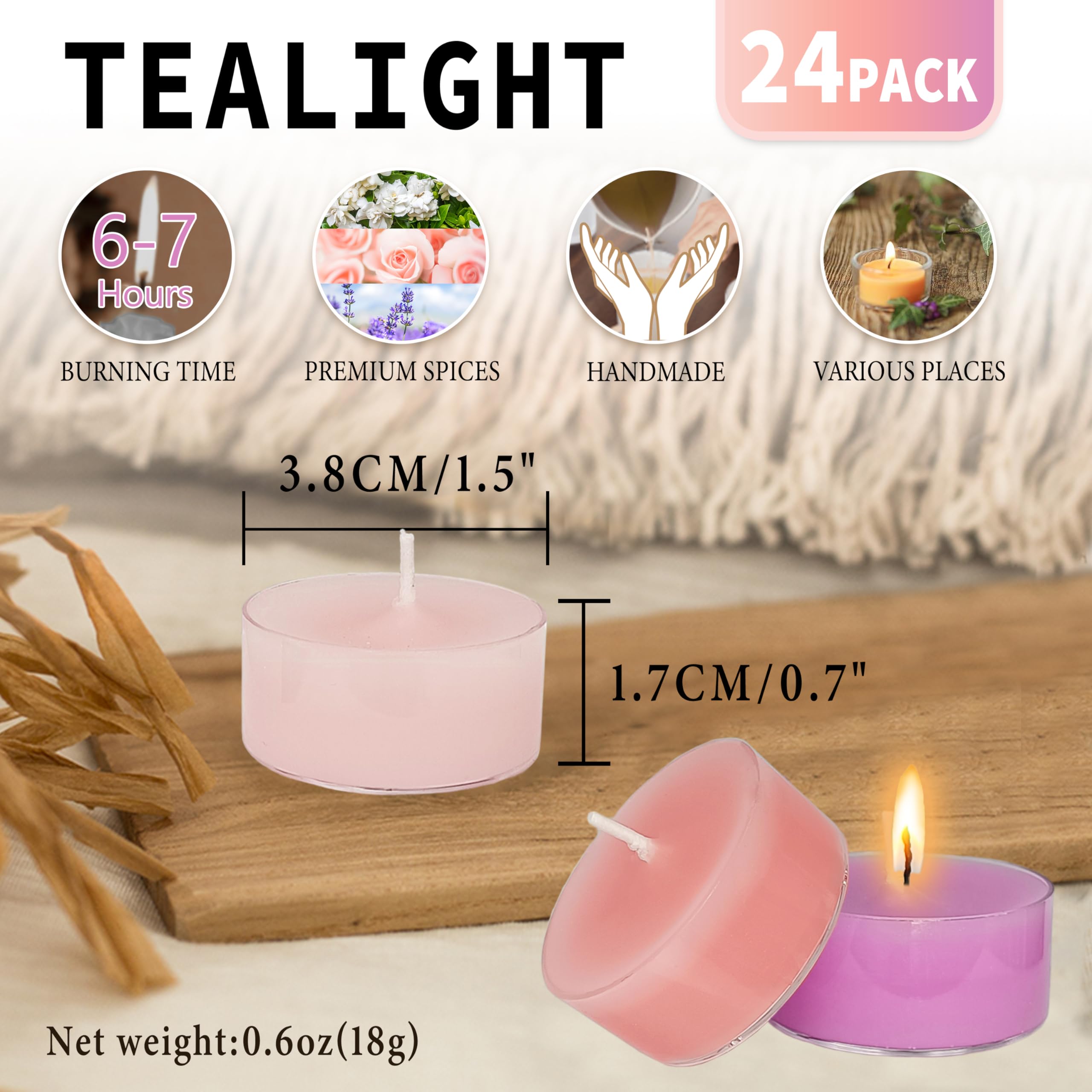 Floral Scented Tealight Candles, Lavender Rose Gardenia Scent Tea Lights Candles Clear Cup, 24 Pack Colored Tealights Candle, 6