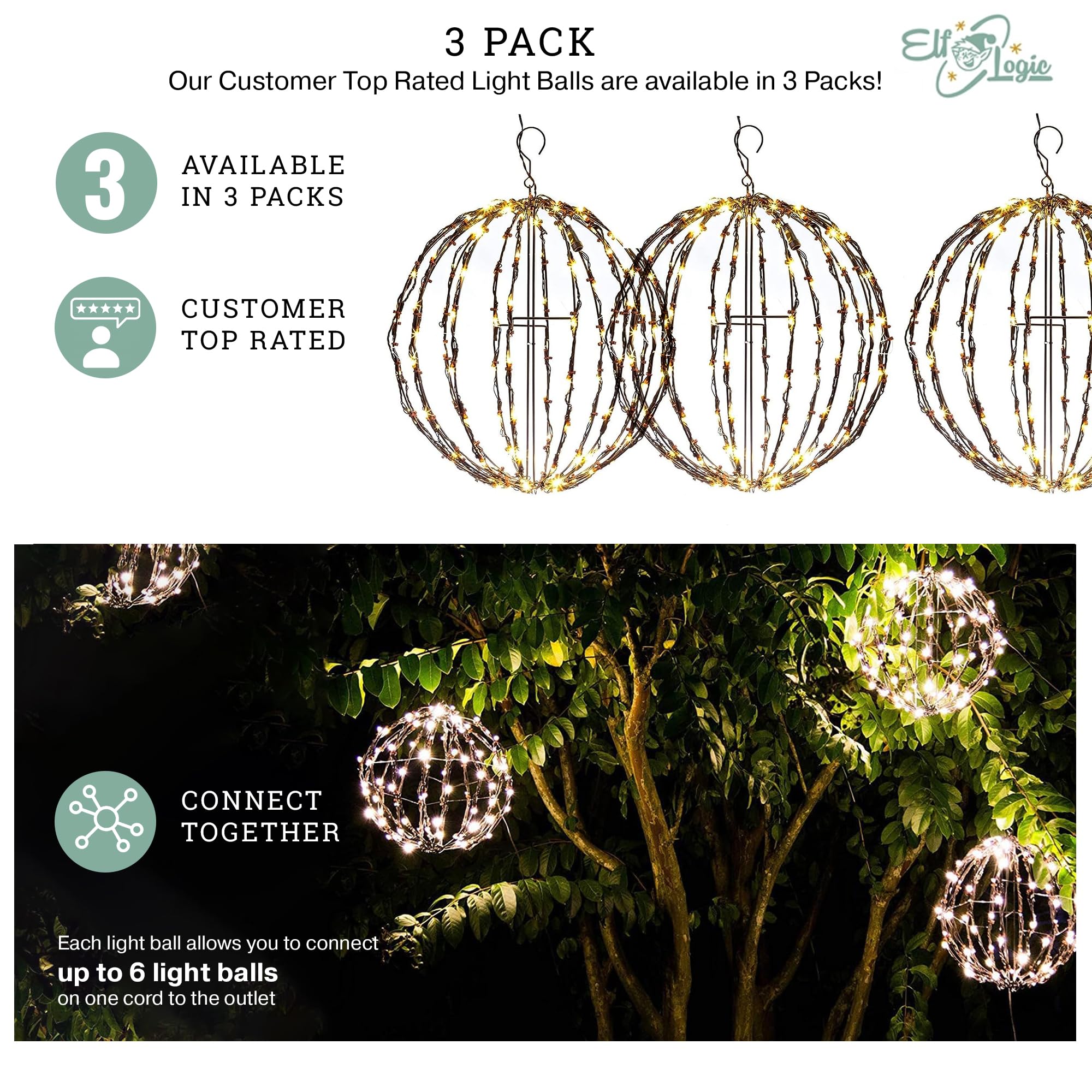 Elf Logic LED Christmas Light Balls - 16” Waterproof, Durable, Warm Lights - 3 Pack