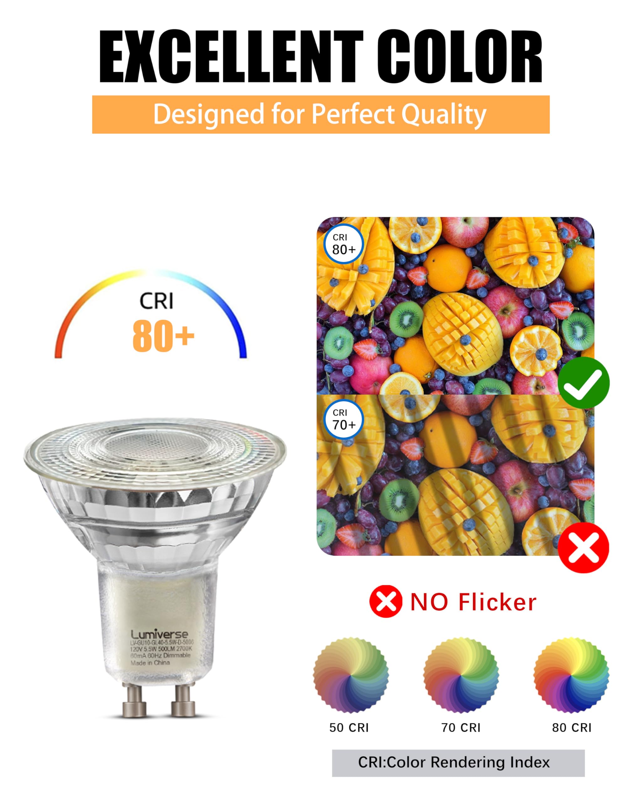 Lumiverse GU10 LED Light Bulbs, 4W, 350lm, Soft White, 6 Pack, Model LV-GU10-GL100-4W-ND