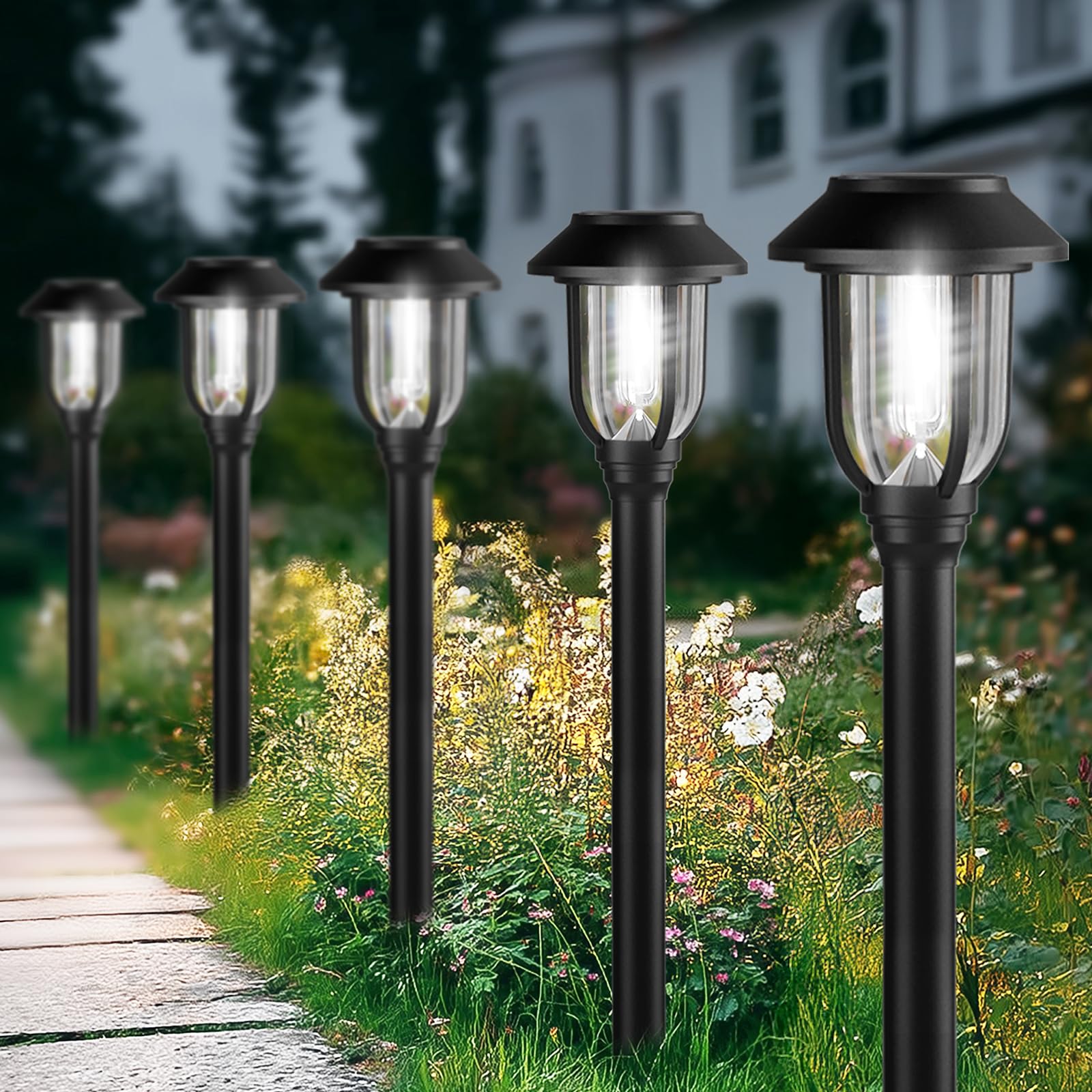 ILANCK Solar Pathway Lights, 12 Pack, Waterproof, Auto On/Off, 6000K White Light, Heavy-duty ABS, Model 64B-6000KONE