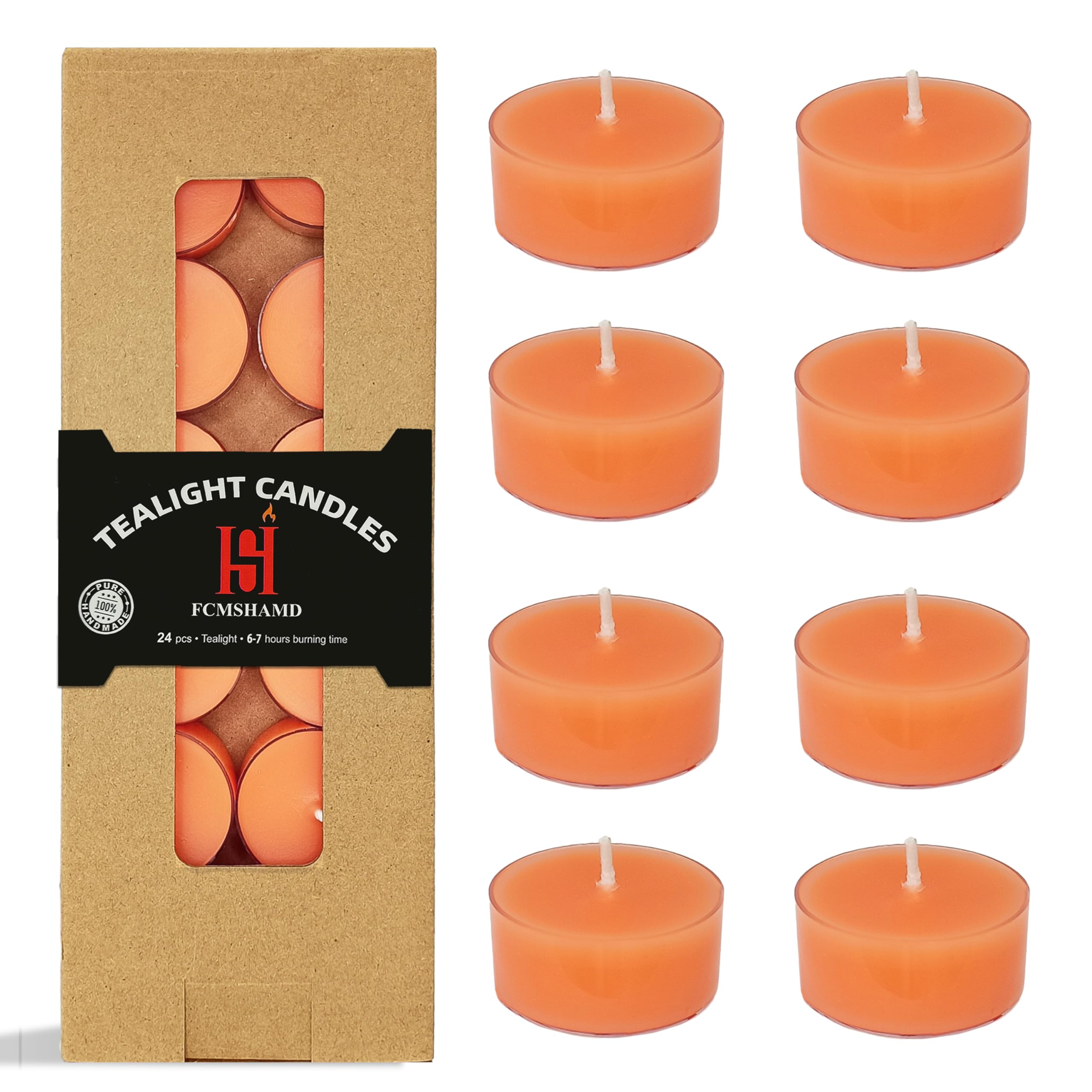 Tea Candles Handmade 24 Pack Citrus Scented Smokeless Tea Lights Candle 7 Hour Long Burning Tealight Candle for Wedding Party Spa Decoration(Orange)
