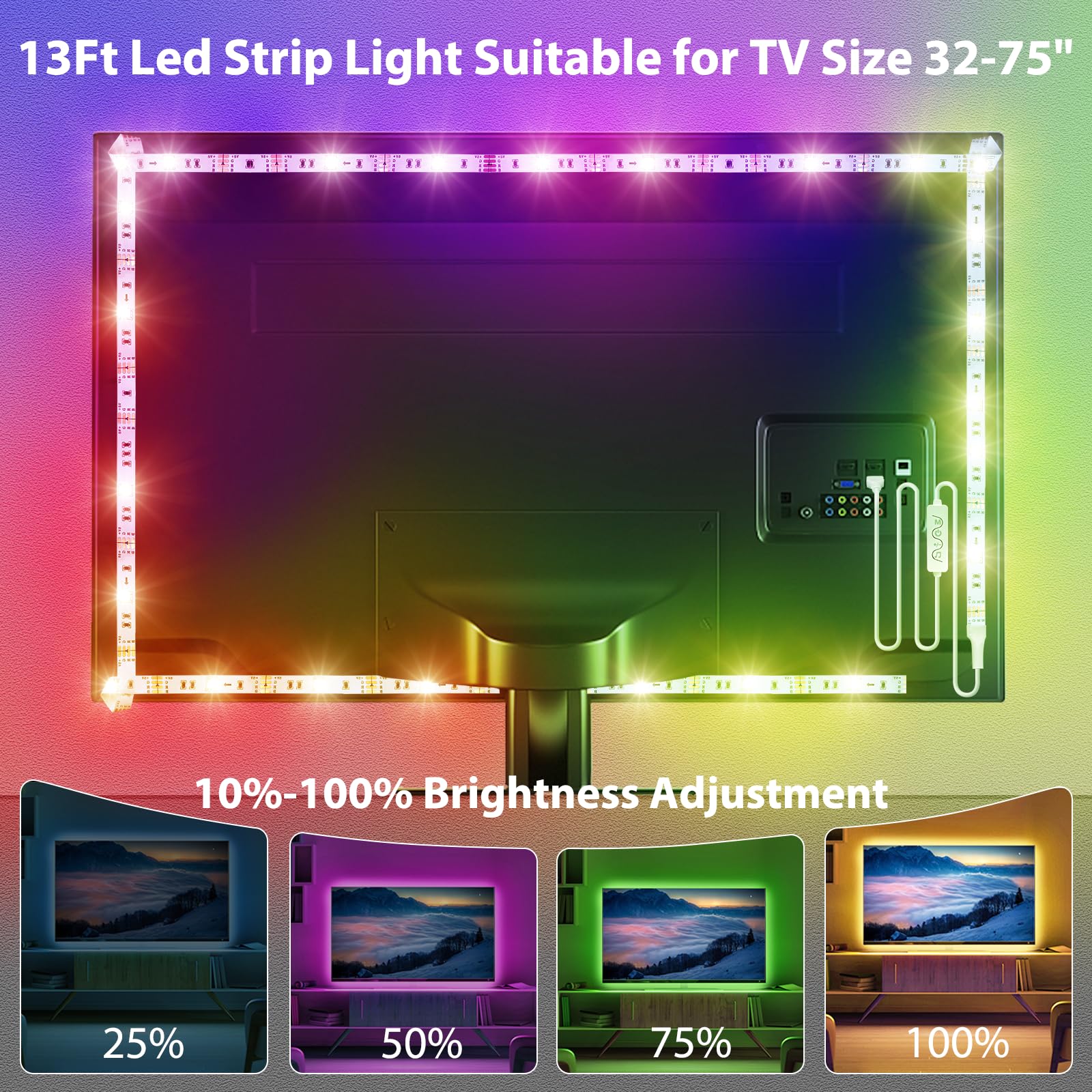 Houhui Led Strip Lights 13Ft Rgb Backlight For 32-65In Tvs, App Control, Multicolor Usb Bias Lights For Home & Gaming