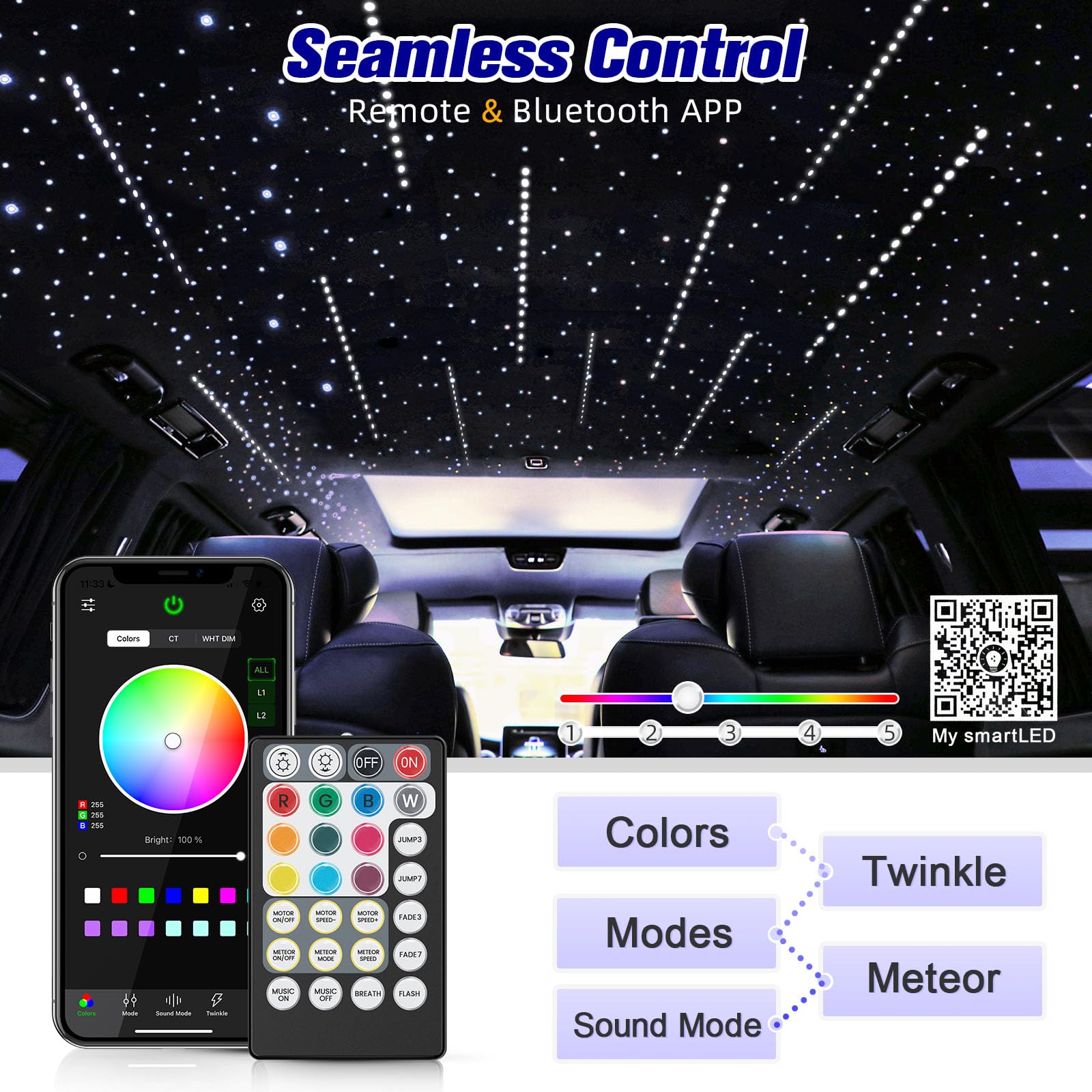 SUNKENET 12W RGBW Starlight Headliner Kit, 300pcs Fiber Optic Lights, Cool White, Model QJ-L012, with Bluetooth APP/Remote Control