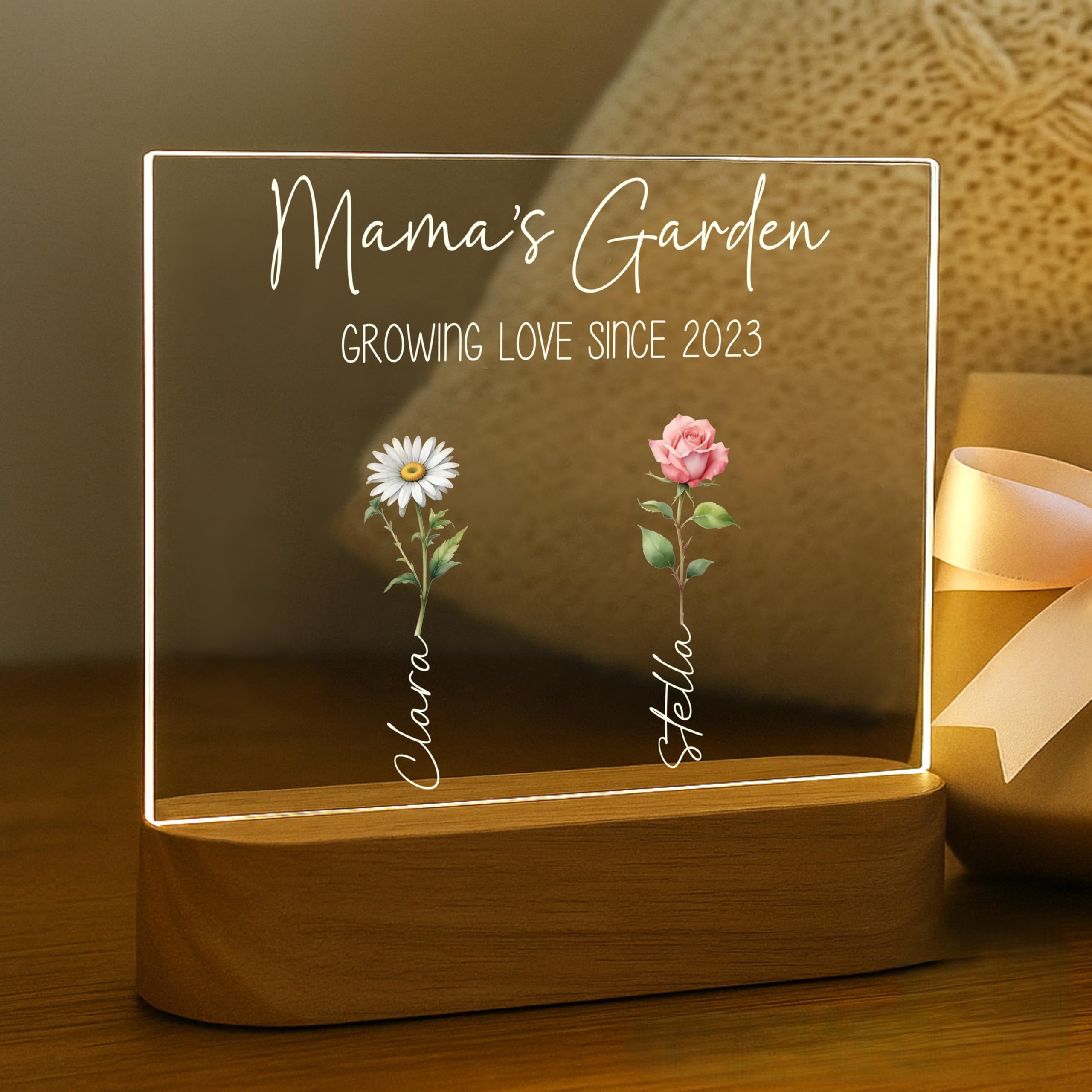 Grandmas Garden LED Night Light | Personalized Mothers Day Gifts for Mom | Customizable Lamp, Birth Month Flower Decor with 2 Na