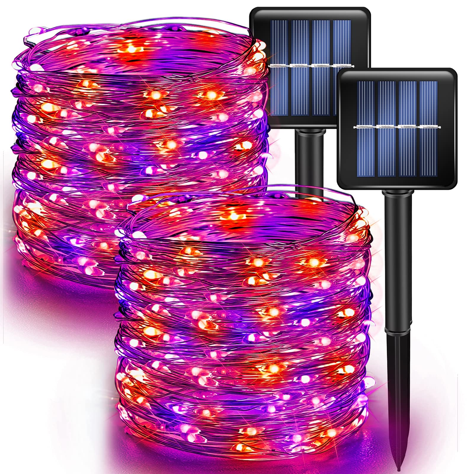 Dazzle Bright 2 Pack Purple And Orange Fairy String Lights, Total 80Ft 240Led Solar Powered Fairy Lights With 8 Modes, Waterproo