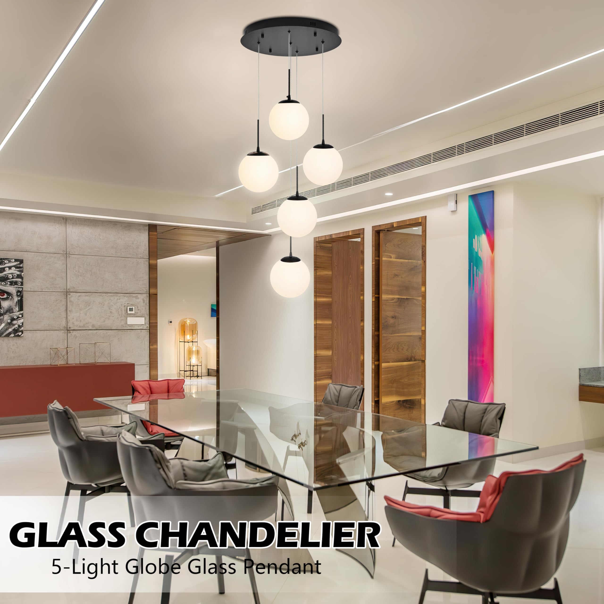 Koko&Yukina 5-Light Globe Glass Pendant Light Adjustable Length Pendant Lights Fixtures Modern Black Chandelier With Milky White