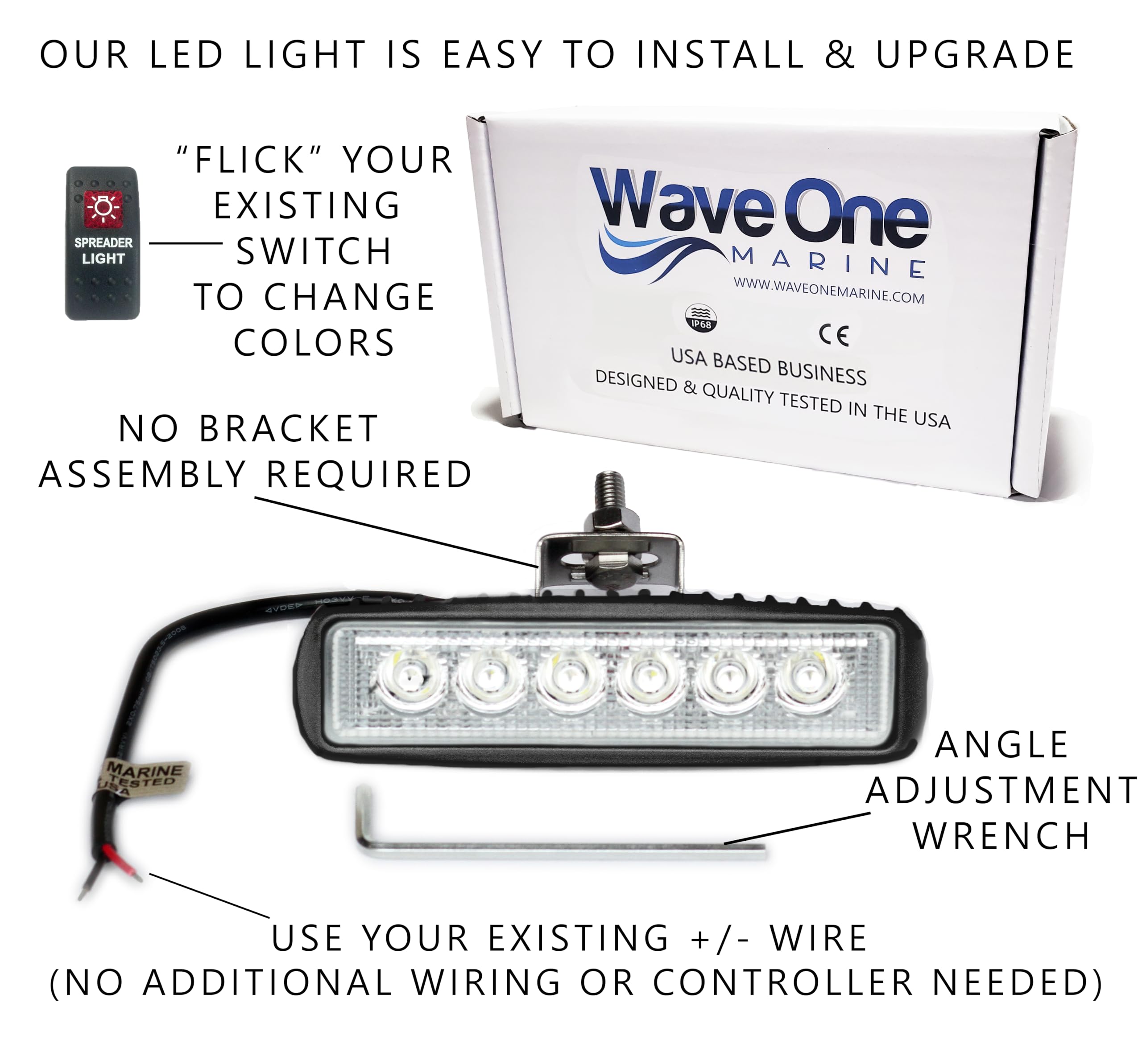 Wave One Marine LED Boat Spreader Light, Dual Color, IP68 Waterproof, Slim Profile, Model 101BlackHousing, Black Housing