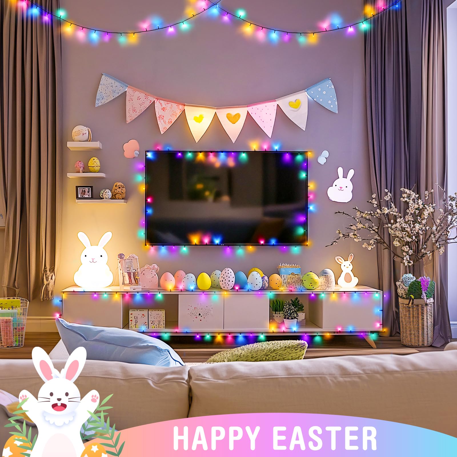 Jmexsuss 2 Pack Easter Lights Battery Operated,Each 33 Ft 100 Led Easter Lights String Outdoor Indoor, Colored Christmas Lights