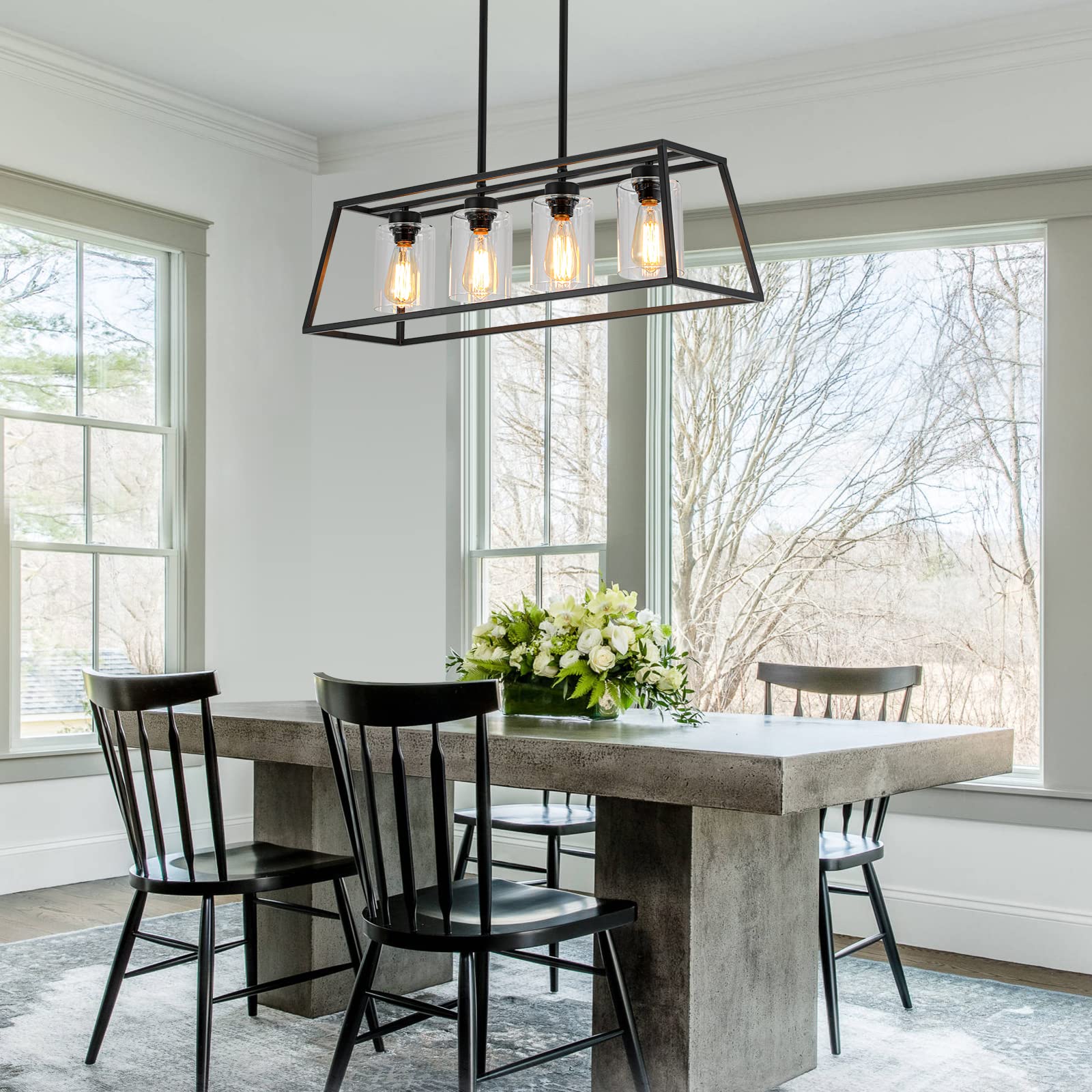 Senyshilon Black Farmhouse Chandelier, 4-Light Linear Pendant Lamp, Glass Shade, Kitchen Island Light Fixture, Model S8833-L4 1
