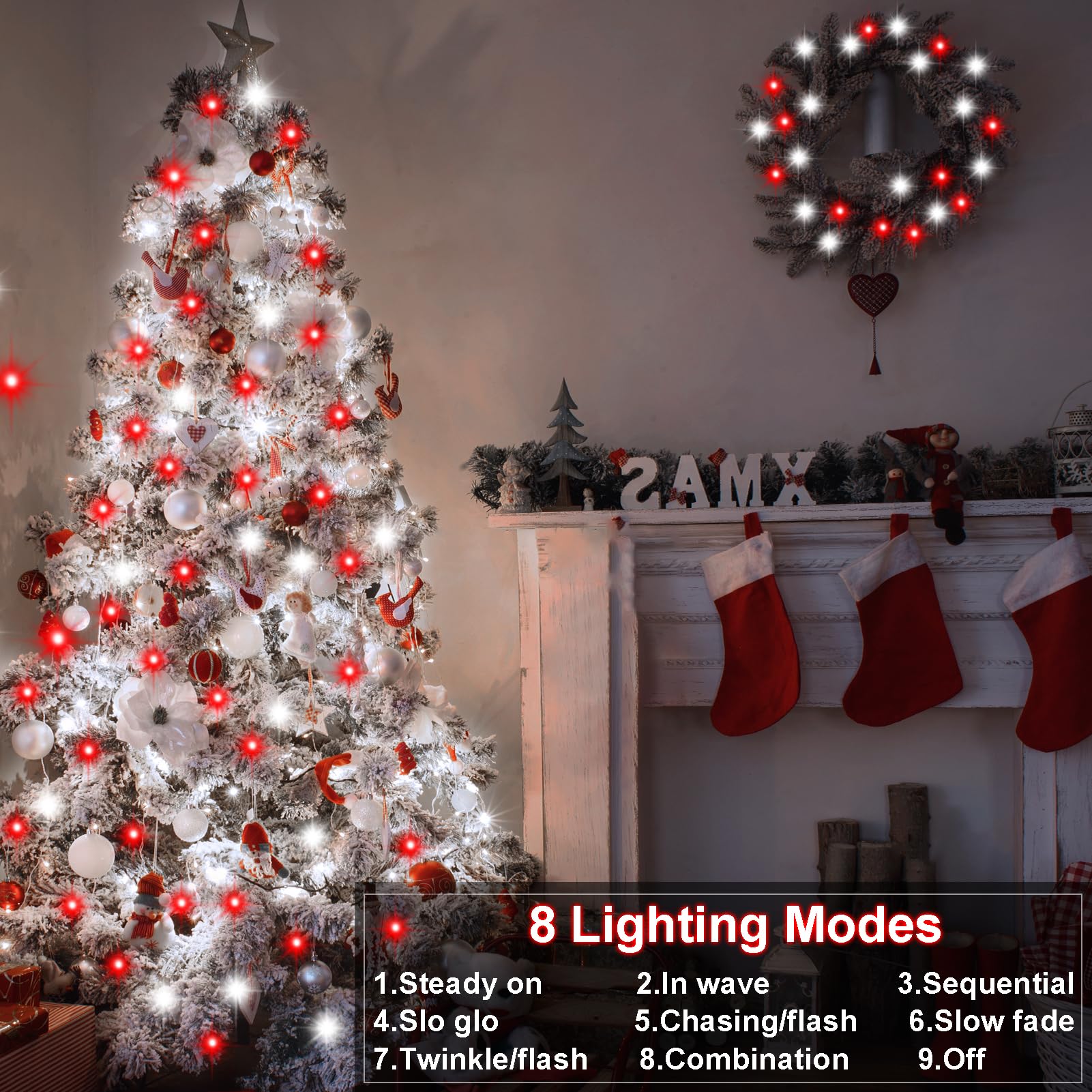 Dbfairy 2Pack Red White Battery Christmas String Lights 32.8Ft 100Leds, Battery Operated Wreath String Lights 8 Modes With Remot