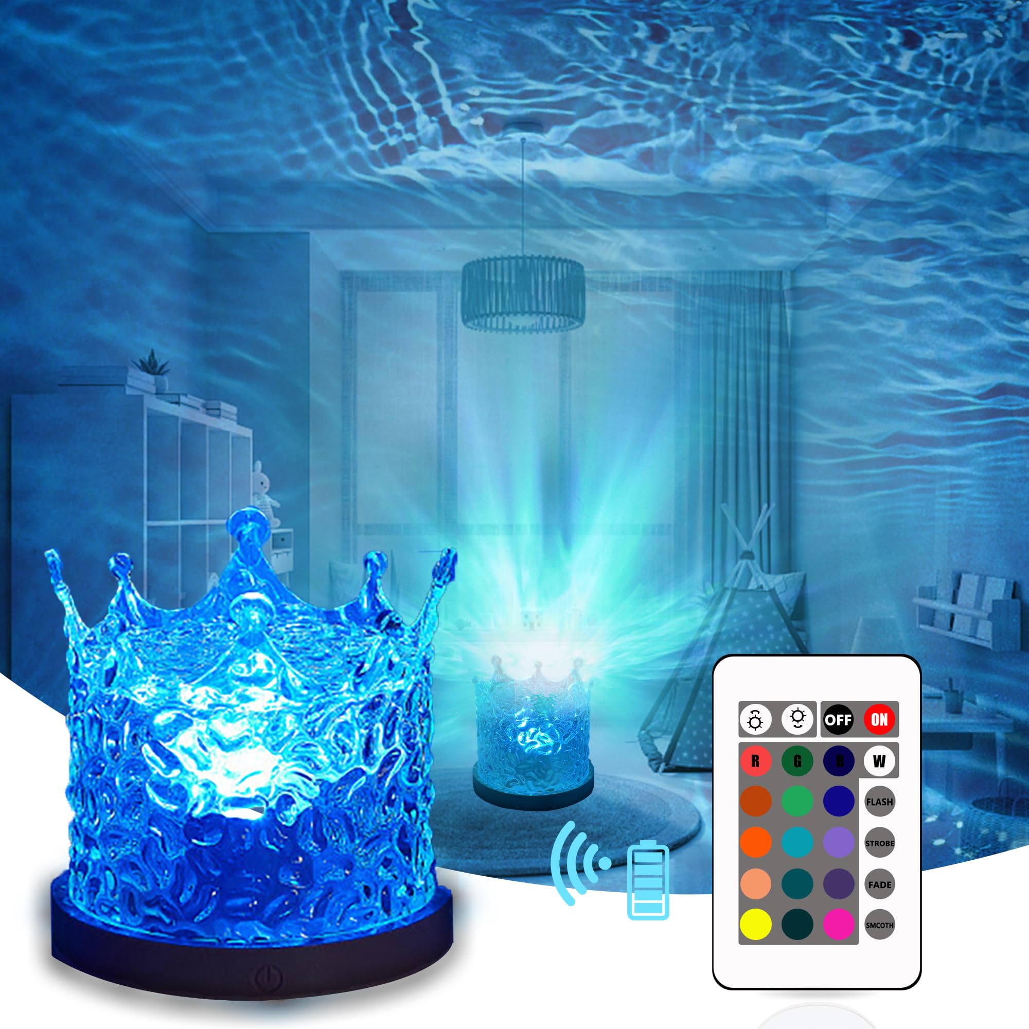 Jgmztzt Northern Lights Ocean Wave Projector Crown Light, 16 Colors Gradual Rotating Water Ripple Lamp, Wave Night Light With Remote Control For Bedroom Living Office Restaurant Bedroom Bar