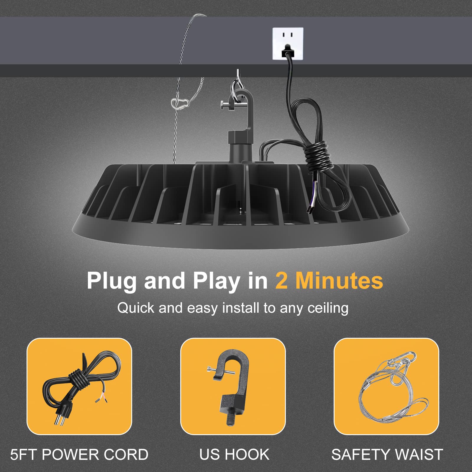 Jc-Lgl Ufo Led High Bay Light Super Bright 150W 24,000Lm (160Lm/W) 1-10V Dimmable, 5' Cable With Plug, Hanging Hook, Safe Rope, High Bay Led Light For Factory Warehouse Workshop