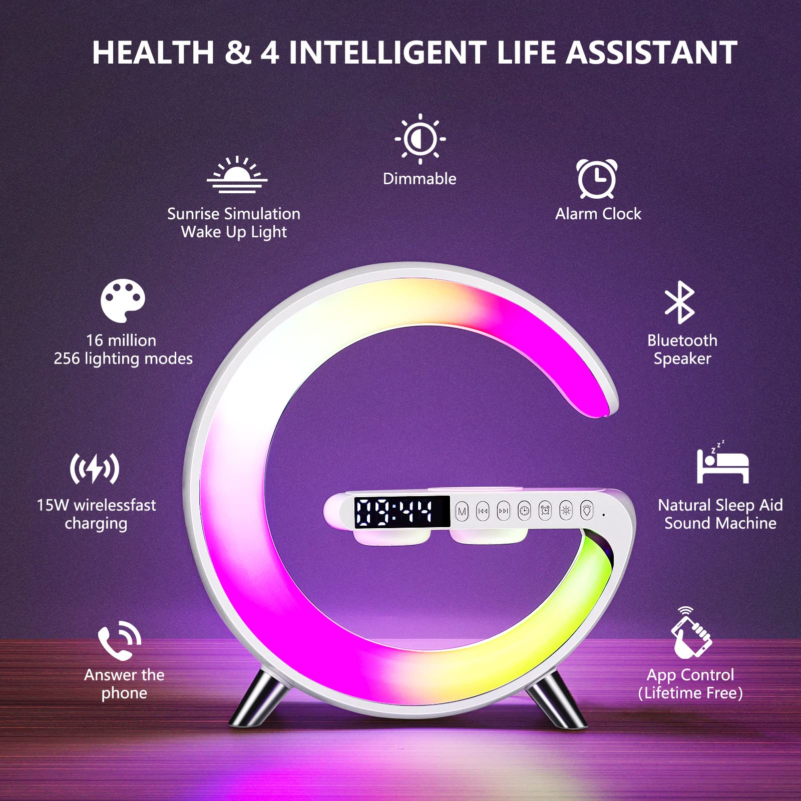 Wireless Charger Atmosphere Lamp, 2025 New Intelligent Led Table Lamp, Bluetooth Speaker, Dimmable Night Light Bedside Lamp Alar