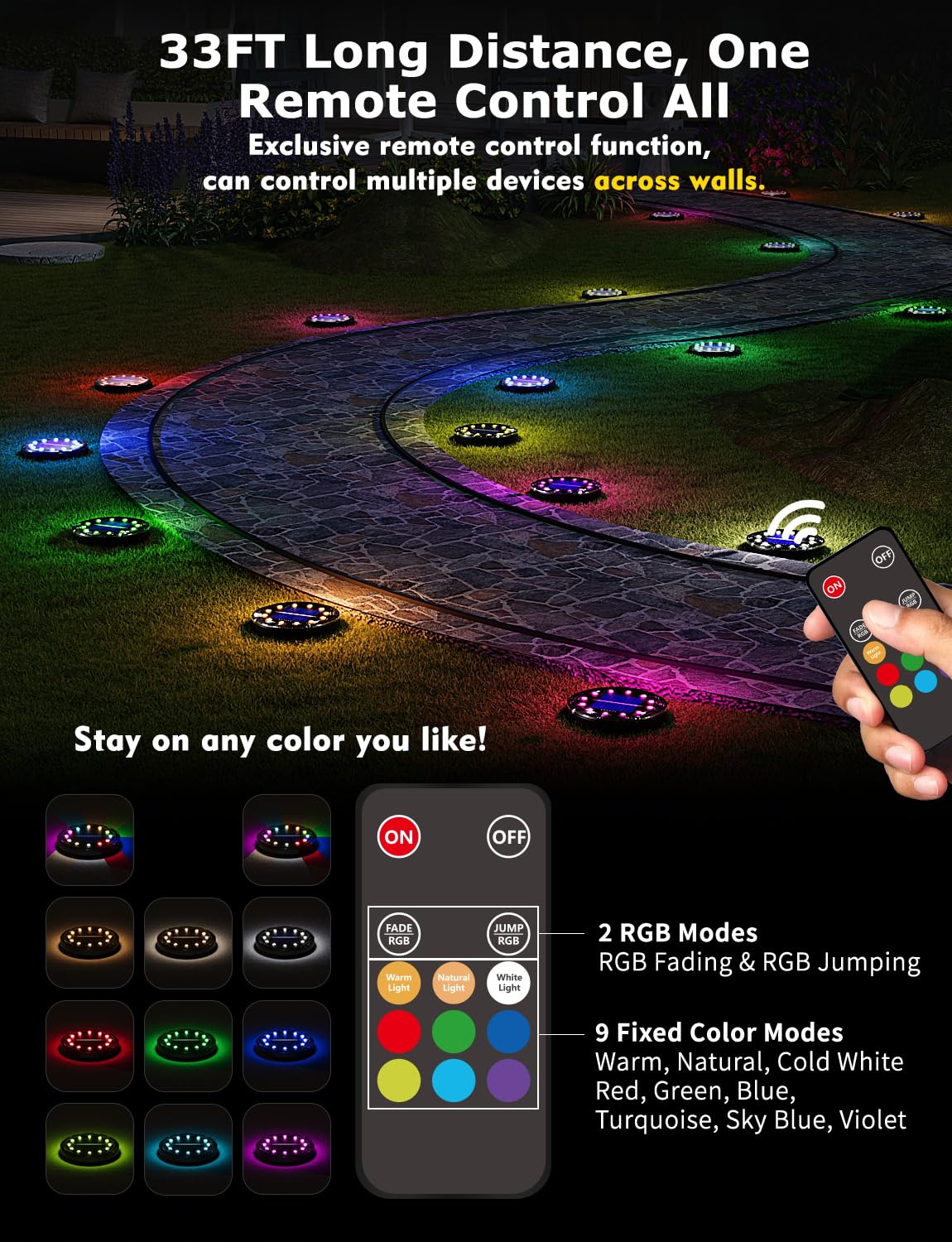 VIODAIM Color Changing Solar Ground Lights - Waterproof Flat Pathway Lights, 8 Pack, Black, Remote Control, Model SN00205