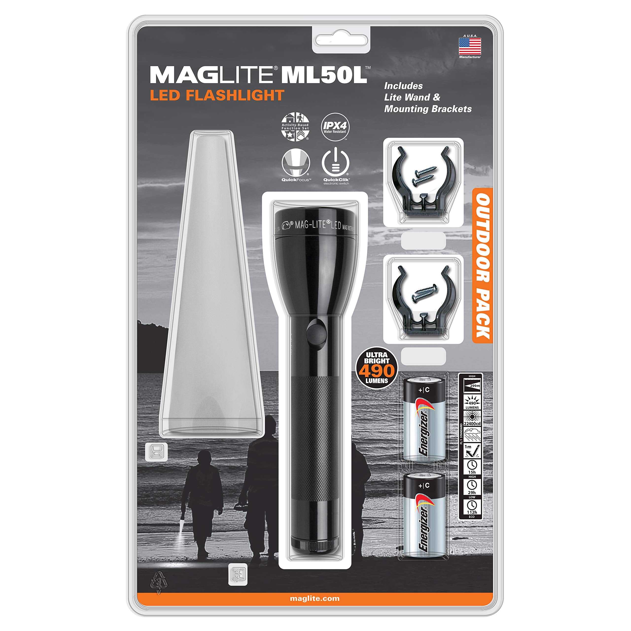 Maglite Ml50L-I2Tqg: Ml50L 2 Cell C Led Outdoor Adventure Pack Black, Adjustable Beam Angle, Water Resistant, Battery Powered