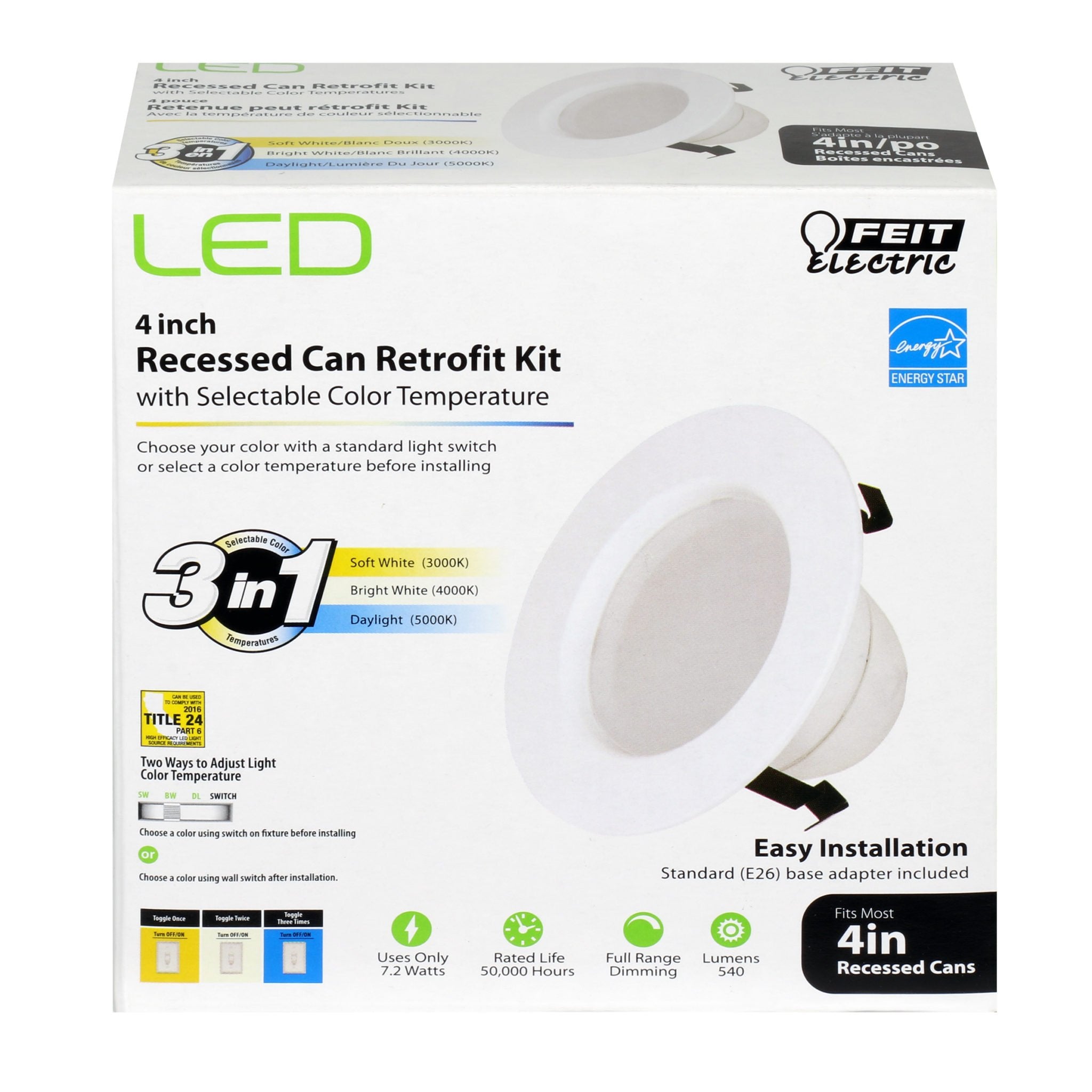 Feit Electric LED Retrofit Kit - 540 Lumen, Dimmable, 3000/4000/5000K, 4 in., White, Model LEDR4/4WYCA