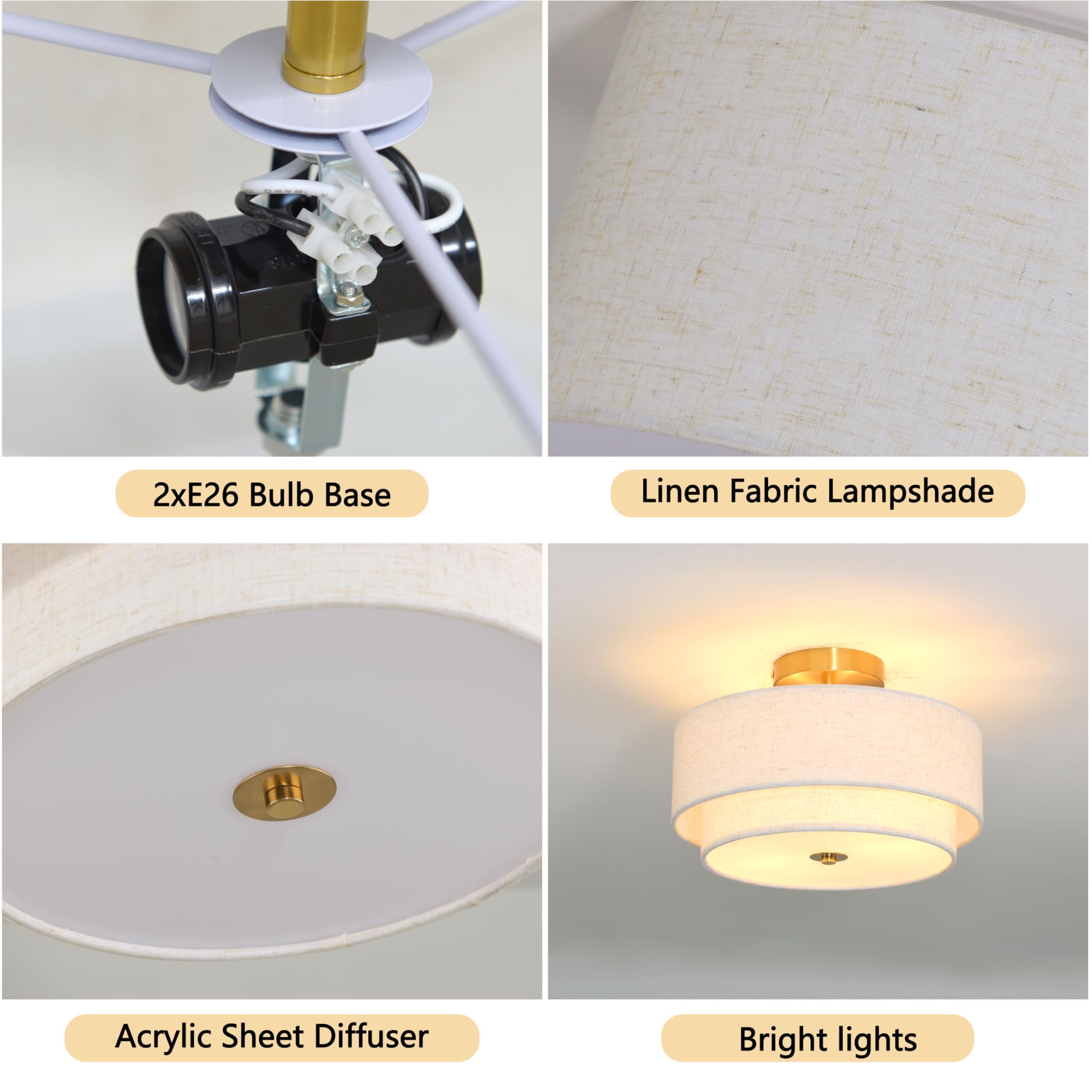 2 Light Semi Flush Mount Ceiling Light Fixture 12.6 Inch Modern Gold Drum Ceiling Light Fixture With 2-Layer Fabric Shade Dimmab