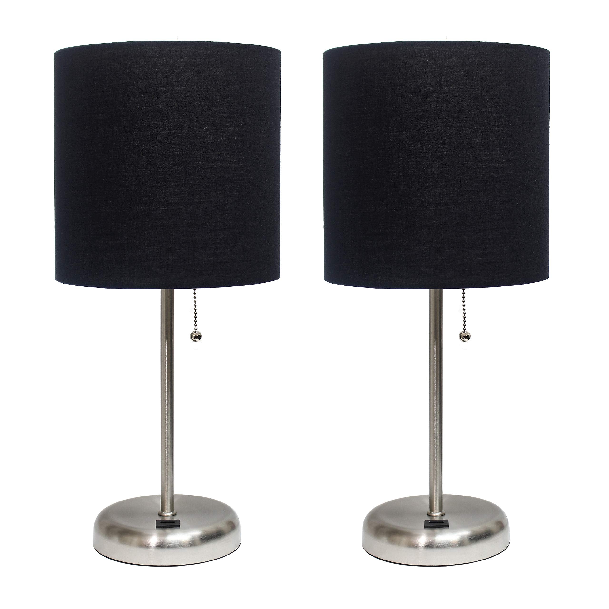 Simple Designs Lc2002-Blk-2Pk Brushed Steel Stick Table Lamp Set With Usb Charging Port And Black Fabric Shades, 2 Pack Set