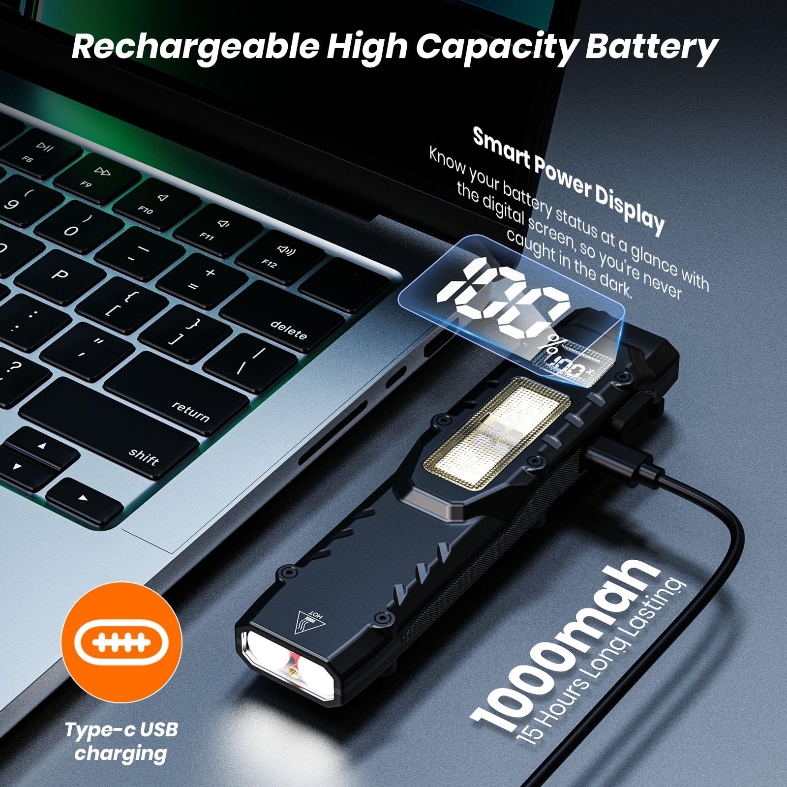 EDC Tactical Flashlight, 1100 High Lumens Rechargeable LED Flat Flashlight w/ Clip & Digital Display, Pocket Flashlight for Home