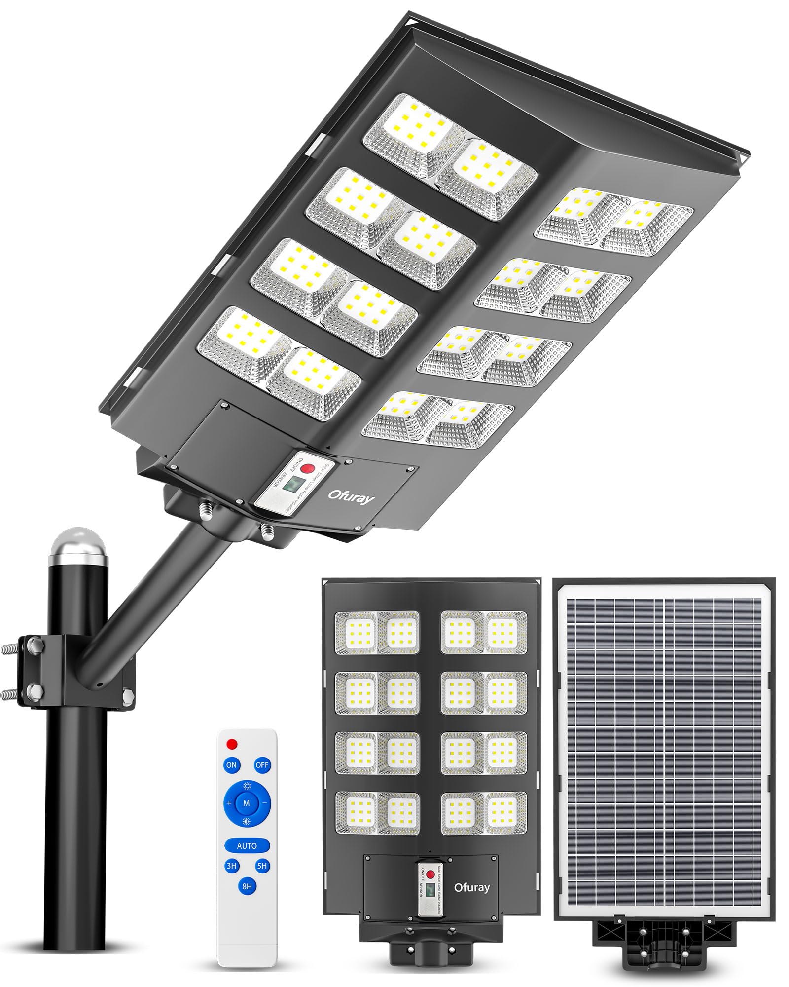 Ofuray Of-800W Solar Street Lights, 80000LM, Dusk to Dawn, Waterproof LED, Remote Control, Black, 1 Pack