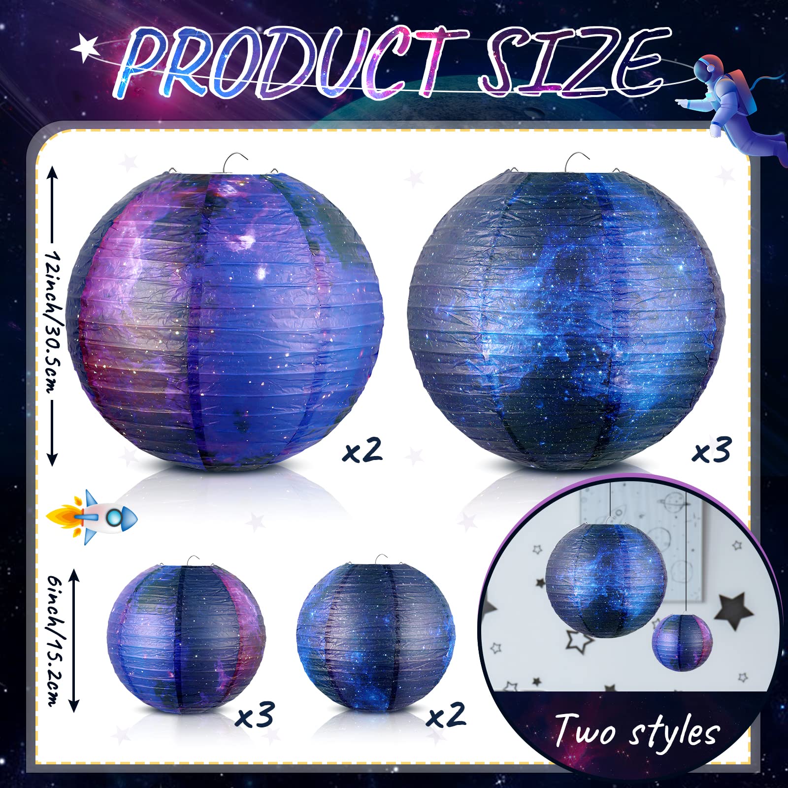 Hortsun Galaxy Print Paper Lanterns - 10 Pack, Space Themed, 12&quot;/6&quot; Hanging Decor For Parties