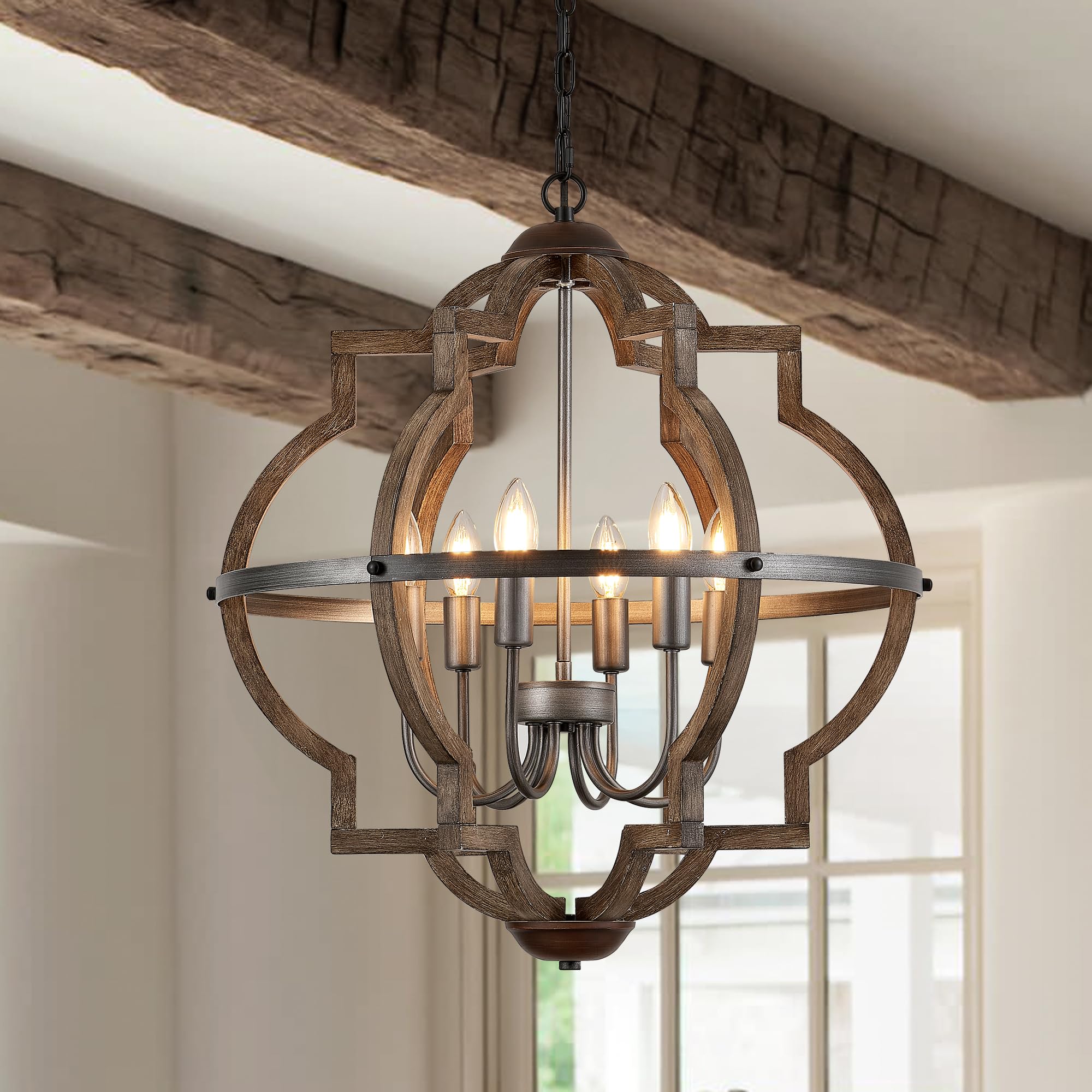 Tacdandm 6-Light Wood Farmhouse Chandelier For Dining Room 23 Vintage Rustic Pendant Light Fixtures Lighting For Hallway Entryway Foyer Kitchen Living Room