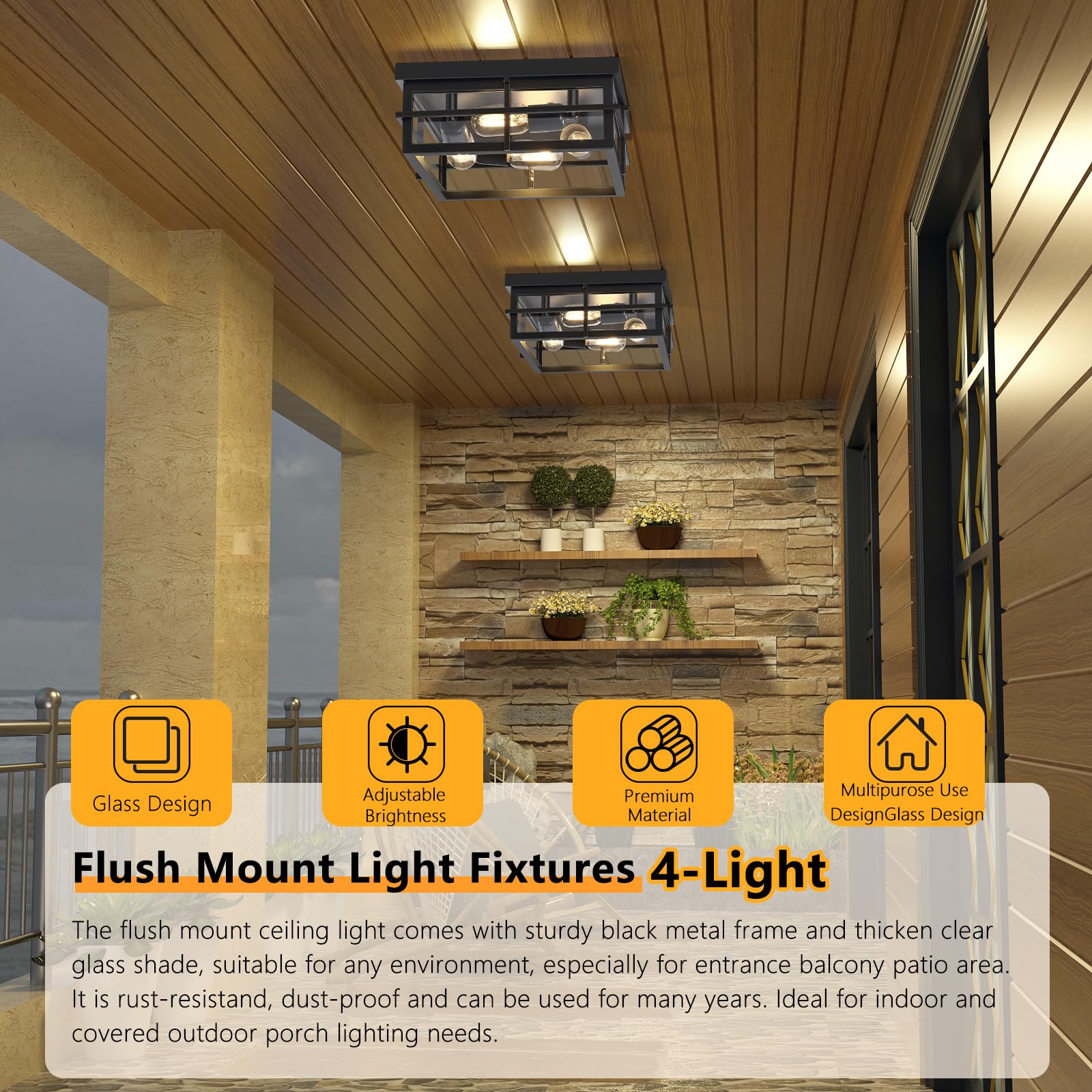 Asnxcju Black Flush Mount Ceiling Light, 4-Light Indoor Outdoor Light Fixtures For Porch With Clear Glass, 12 Inch Modern Close