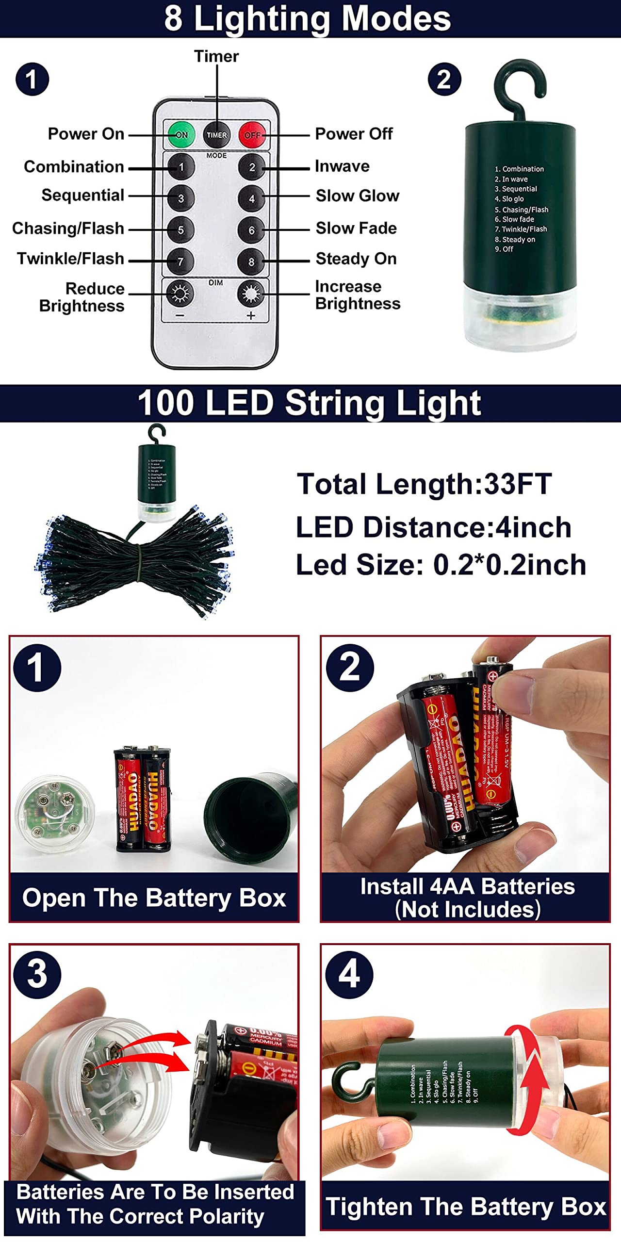 Turnmeon 100Led 33Ft Battery Operated Christmas Fairy Lights With Timer & Remote, Waterproof