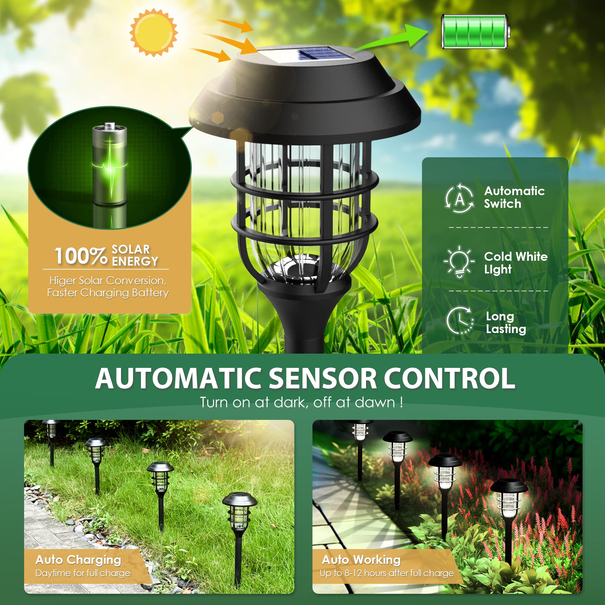 SOLPEX Solar Outdoor Path Lights, 8 Pack Cold White, Waterproof Landscape Lighting for Garden, Yard, Patio, Model 8348-X