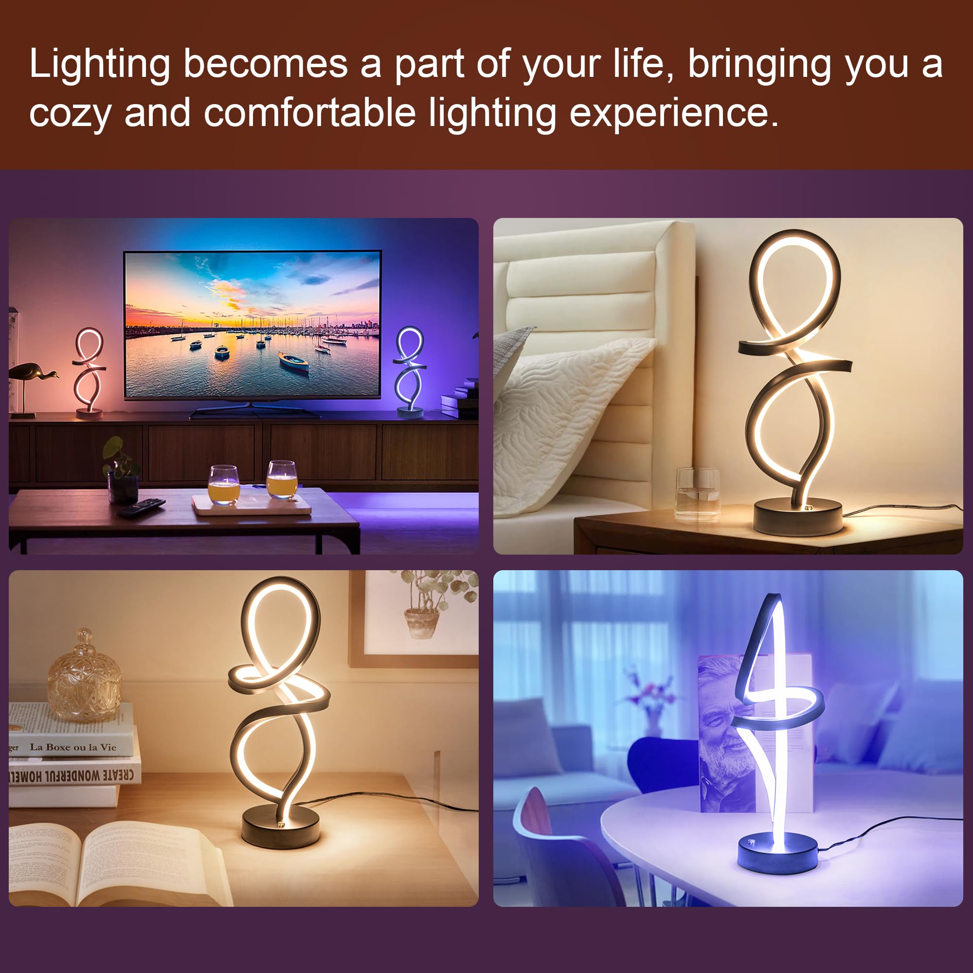 Mayful Rgb Spiral Led Table Lamp - Touch Dimmable, 7 Colors & 10 Modes, Modern Bedside Lighting