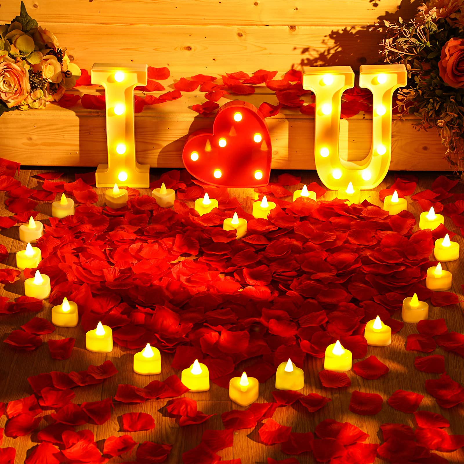 Hortsun 1000 Pcs Artificial Rose Petals and 24 LED Love Candles Set I Love You Light up Letters Romantic Proposal Decorations for Valentines Day Decorations Special Romantic Night Wedding Anniversary