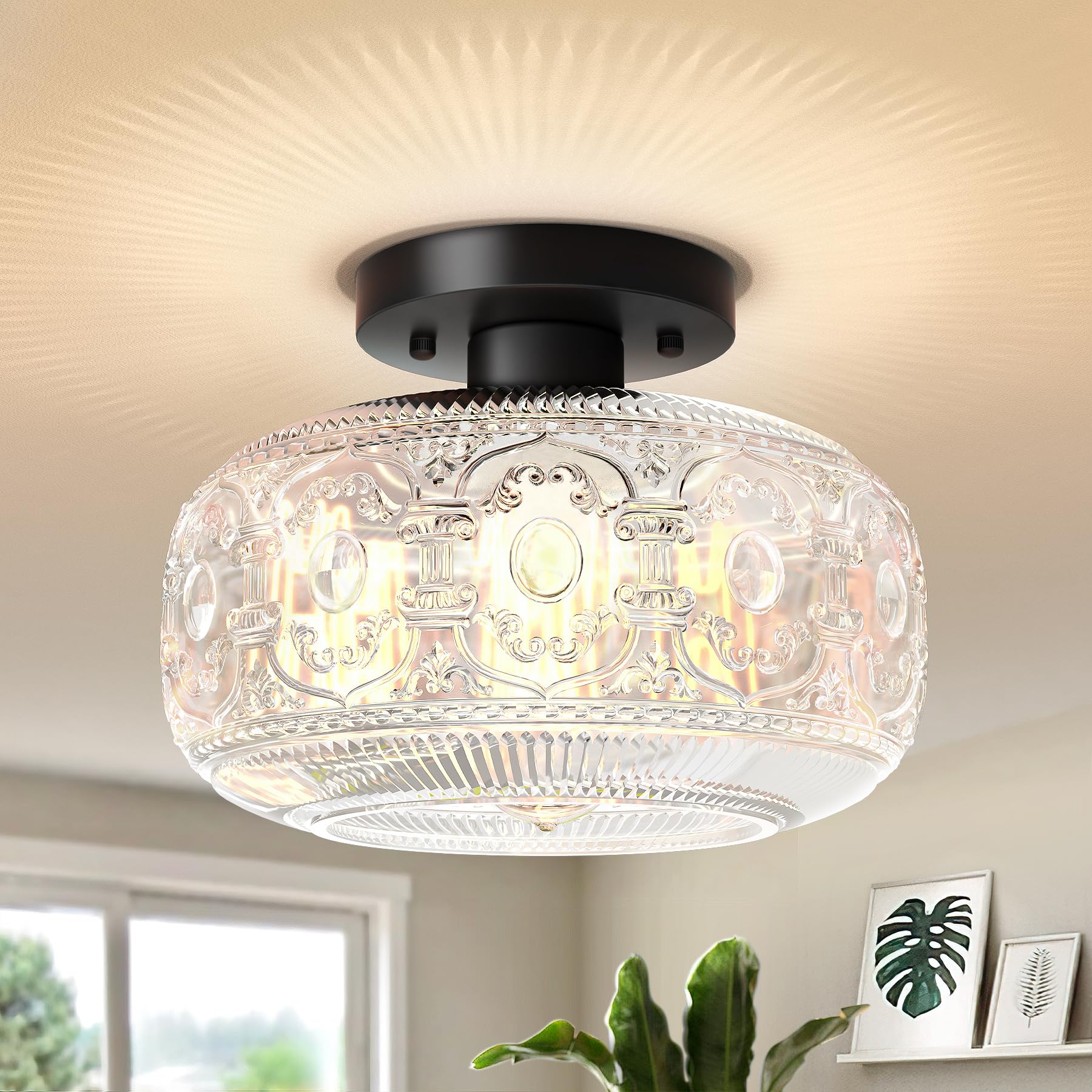 Oykyohei Black Vintage Semi Flush Mount Ceiling Light, Globe Glass Fixture For Home Lighting