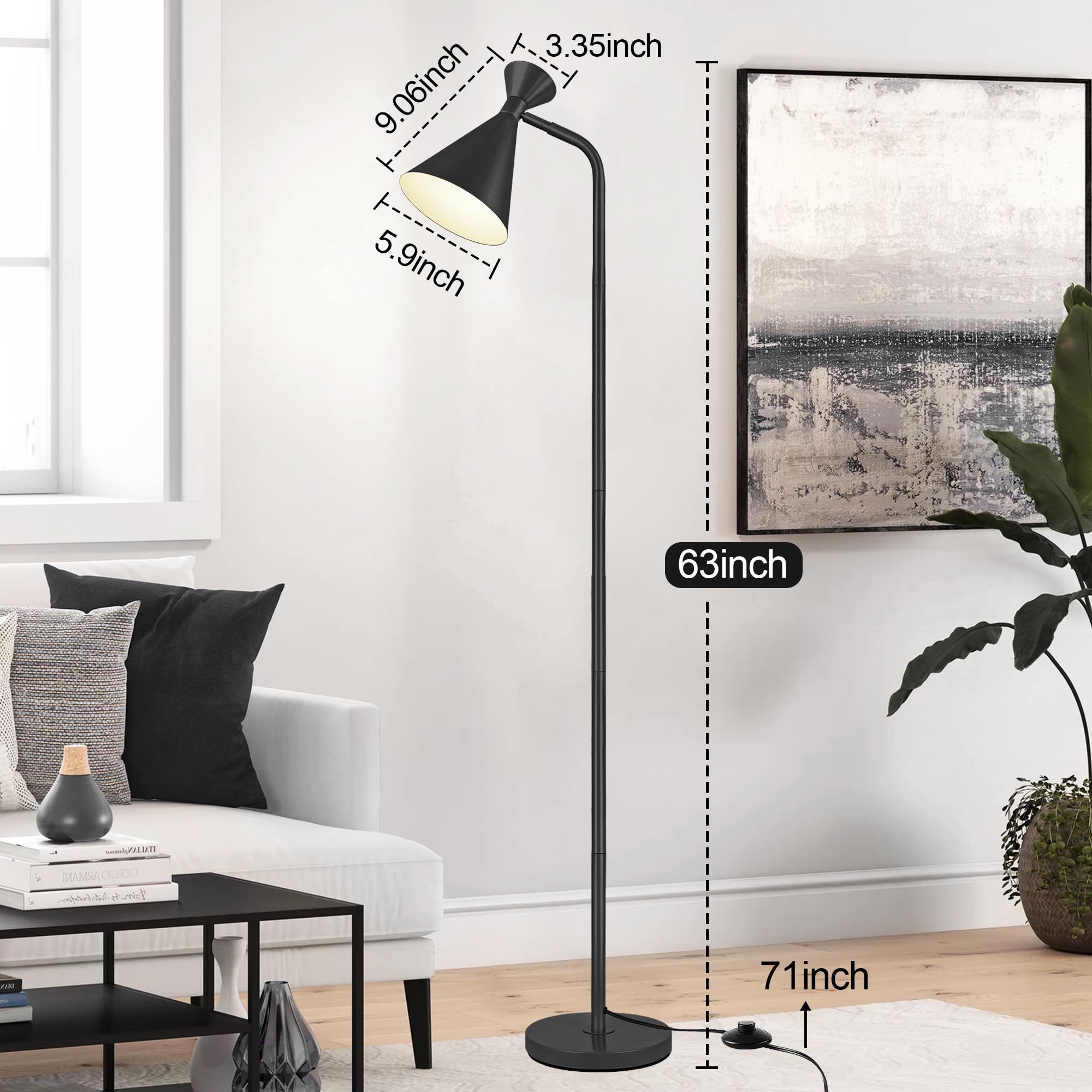 PARTPHONER Floor Lamp, Adjustable Metal Heads, Black, Modern Design, Model PAFP073AB1, Foot Switch, Ideal for Living Room, Office, Kids Room