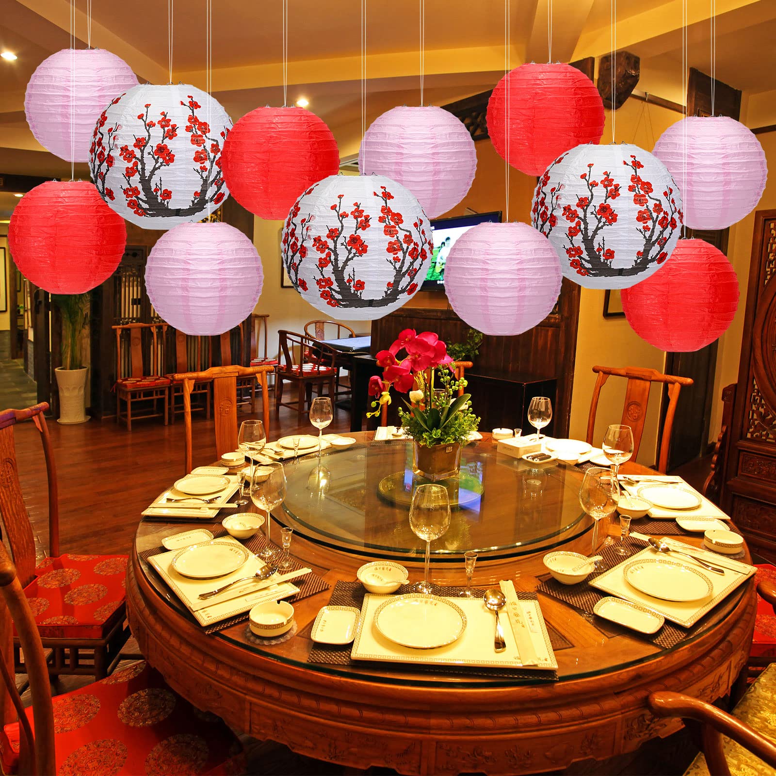 Mudder 20Pcs Chinese Japanese Paper Lanterns (12'' Cherry Blossom, 7.5'' Red) For Wedding, Party Decor