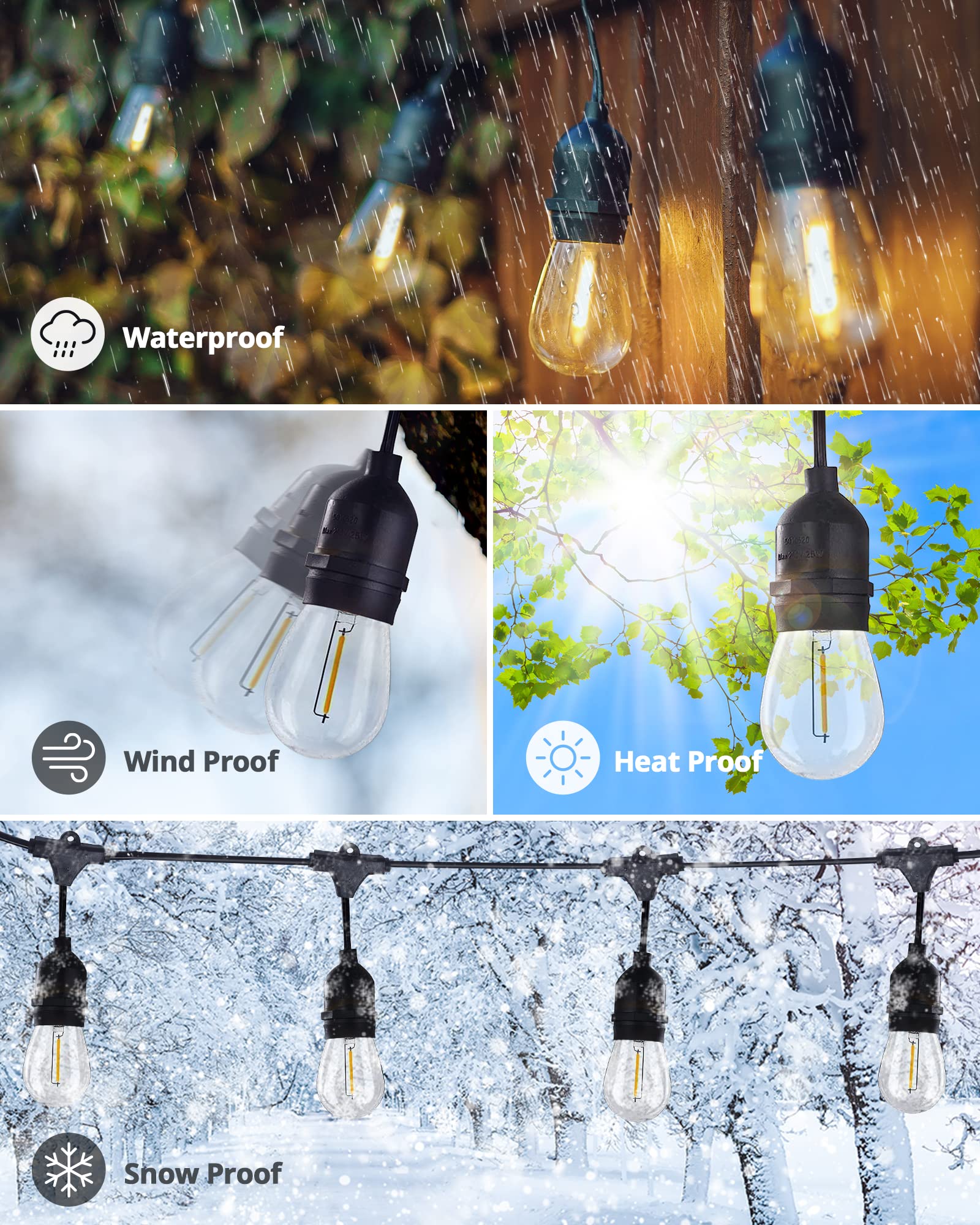 SUPERDANNY 52FT Outdoor LED String Lights, Shatterproof, 2700K Warm White, 24 Sockets, 26 Plastic Bulbs, Commercial Grade