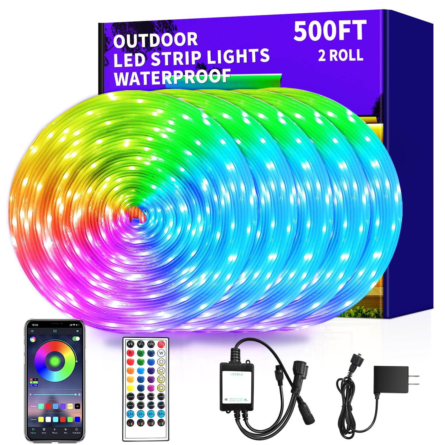 vimeepro LED Strip Lights 500ft Waterproof IP68 RGB Music Sync Remote Control, 2 Rolls of 250ft, Plastic