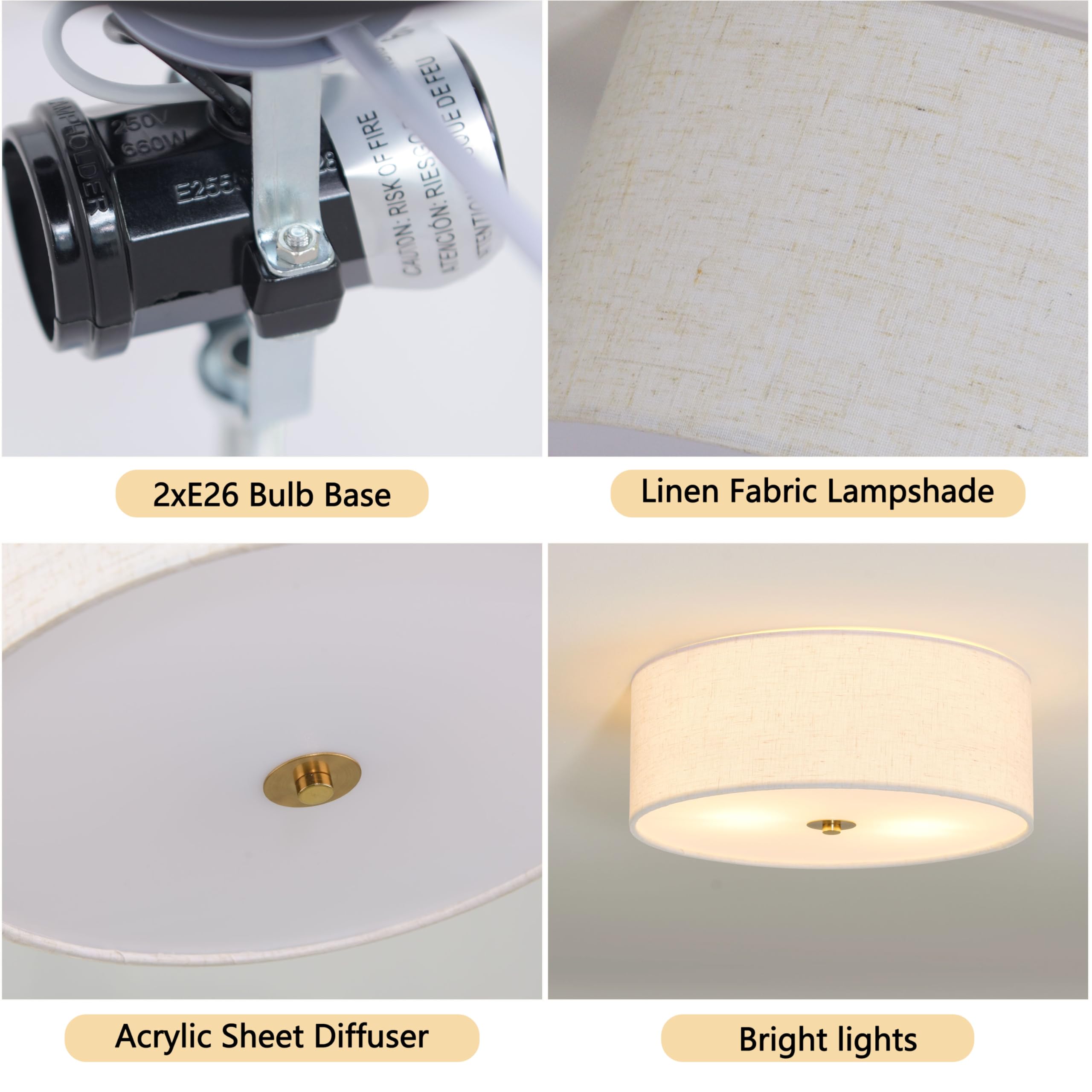 Bagood 12.6 Inch Flush Mount Ceiling Light Gold Ceiling Light Fixture 2-Light Drum Modern Lights Fixture Close To Lights Fixture