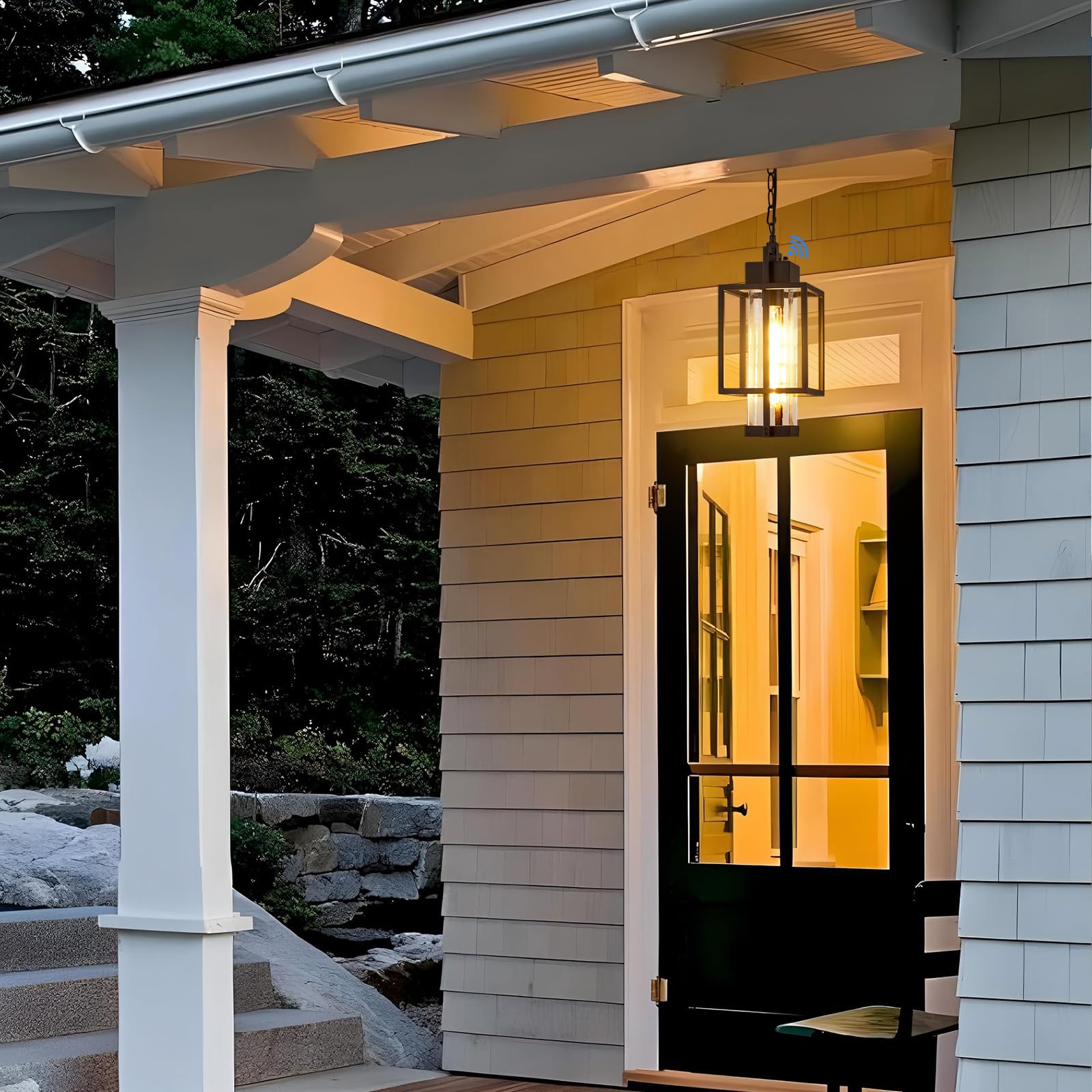 Osimir 16 Outdoor Pendant Light - Dusk to Dawn Black Chandelier with Clear Glass, Modern Hanging Lantern for Porch & Gazebo, OS-KY1006