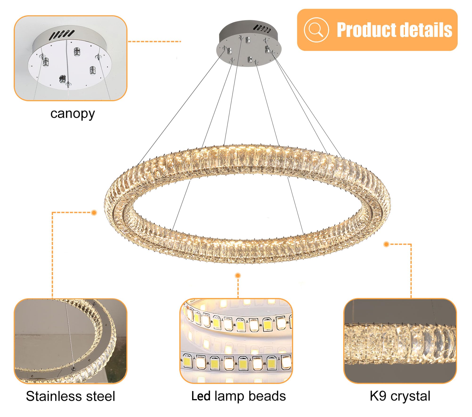 IDEQUY LED Ring Crystal Chandelier 39.4" Adjustable Chrome Dimmable 3000K-6000K for Dining Room Living Room, Model CF8022-100Y