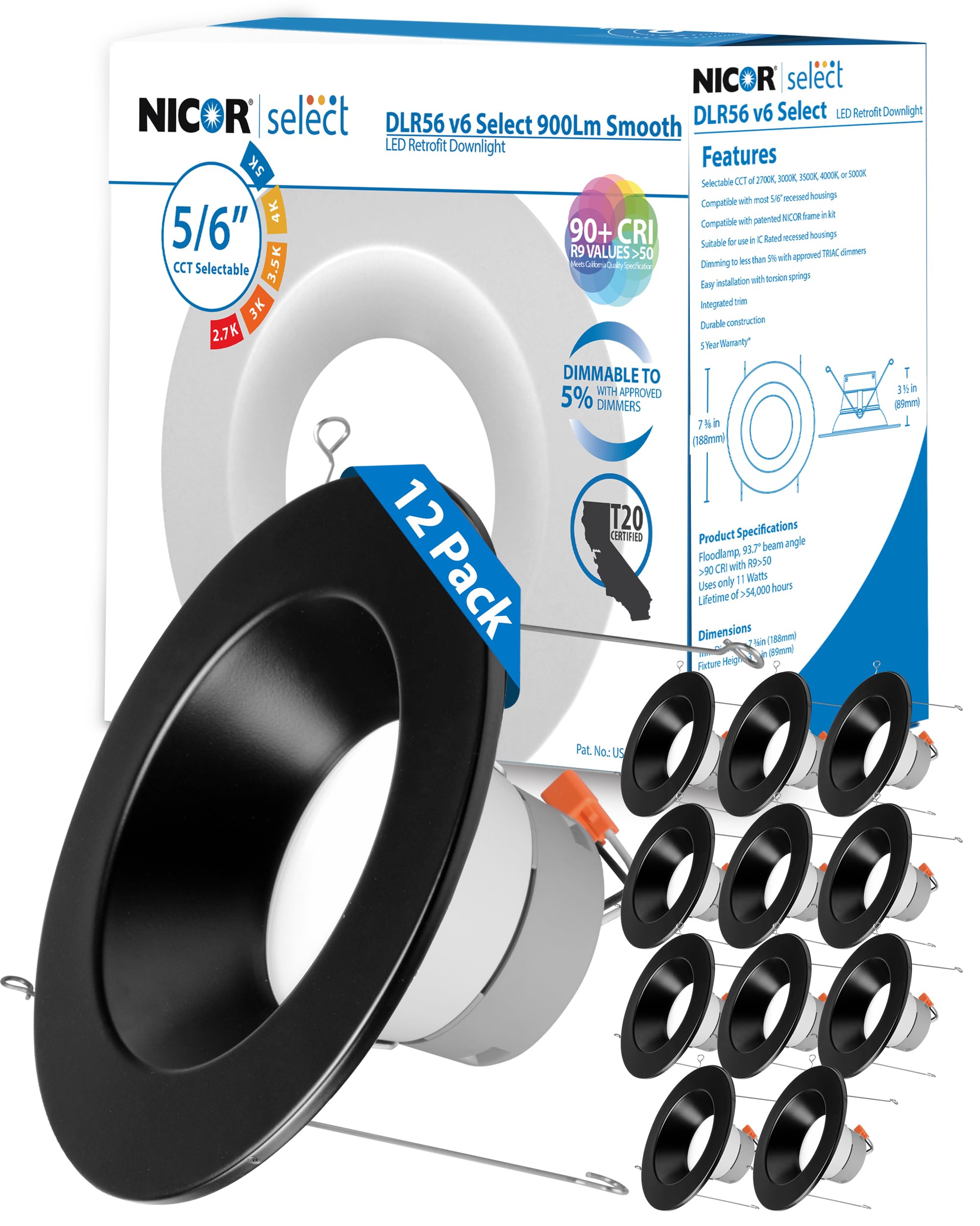 Nicor Lighting Recessed Ceiling Lights Led Downlight - Dimmable 5/6 Inch Led Recessed Light Fixtures - Selectable Cct 2700K-5000K  918 Lumens  10.3W - Dlr56 Led Retrofit Ceiling Light  Black  12-Pk
