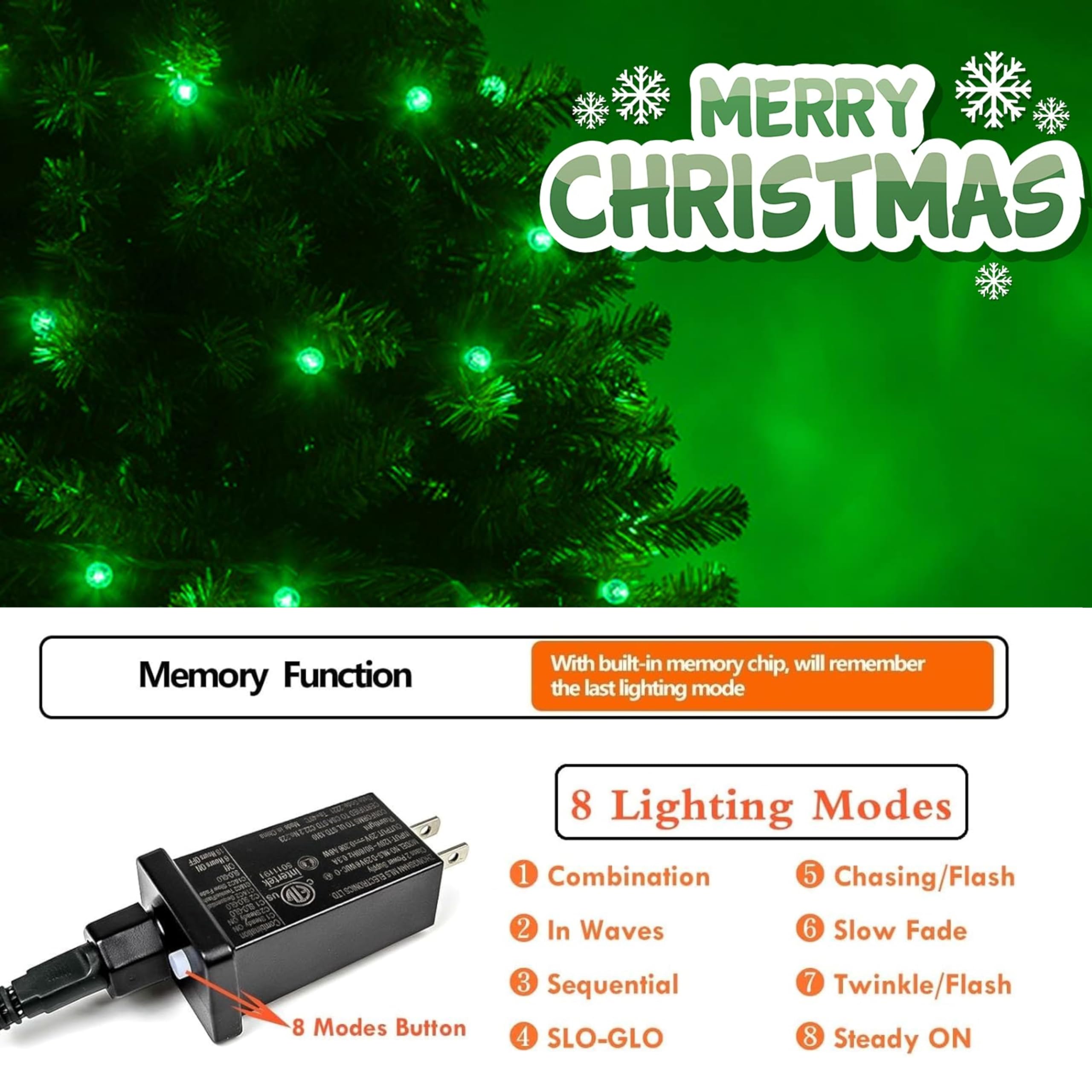 SANJICHA 200 LED Green Christmas Lights, 66FT Indoor/Outdoor Waterproof String Lights, Model MLS-D29V6WUC-O, 2-Pack