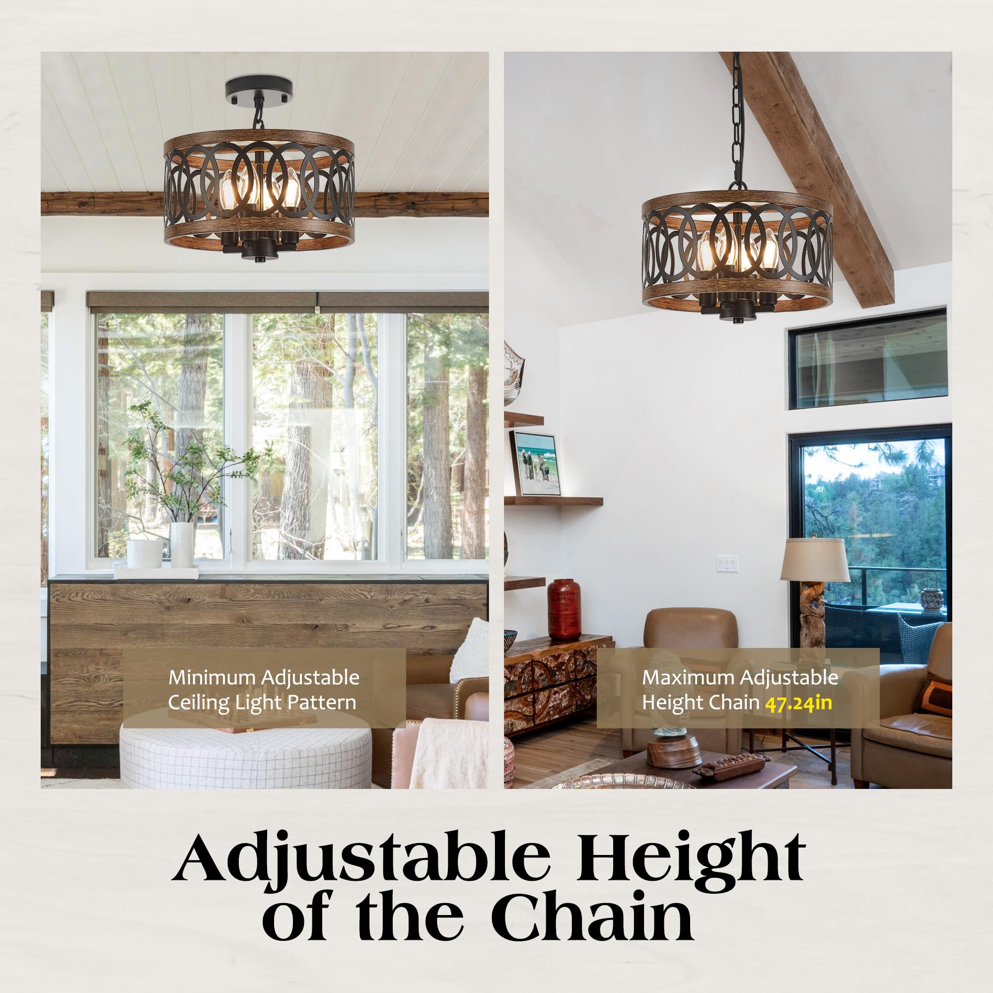4-Light Farmhouse Drum Pendant Light,12.56'' Nature Wood Texture Vintage Rustic Chandeliers Black Metal Industrial Hanging Light